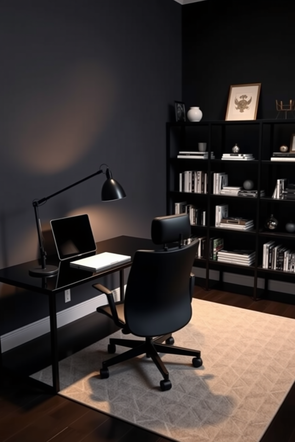 An elegant black desk lamp stands on a sleek black desk, casting a warm glow over the workspace. The walls are painted in a deep charcoal gray, creating a sophisticated backdrop for the minimalist decor. The office features a plush black ergonomic chair positioned in front of the desk, complemented by a stylish area rug in subtle geometric patterns. Shelves lined with curated books and decorative items add personality to the space while maintaining a clean and modern aesthetic.