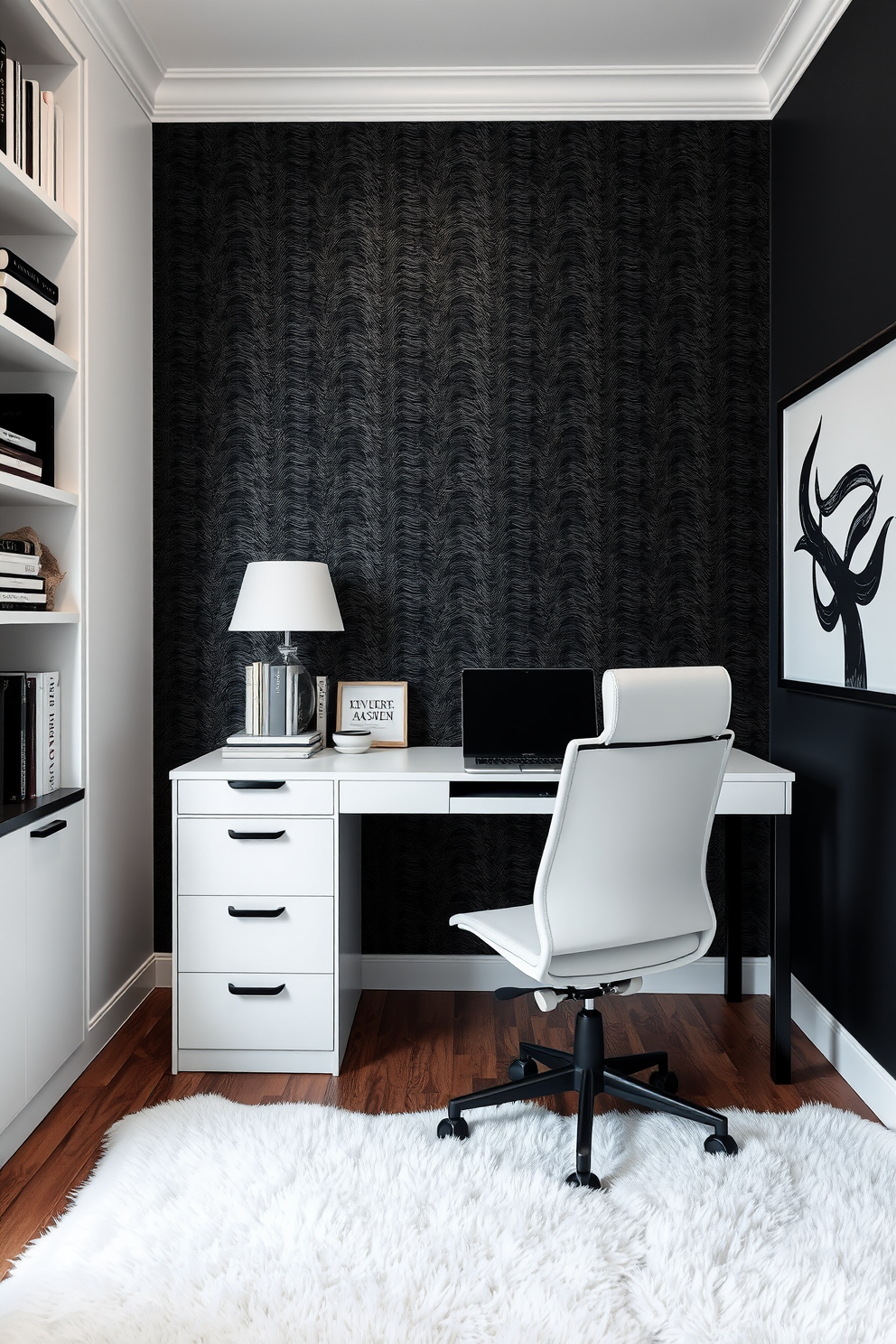 A modern home office featuring layered textures in black and white. The walls are adorned with a sleek black wallpaper, while a plush white area rug covers the floor, adding warmth to the space. A minimalist black desk sits against the wall, complemented by a stylish white ergonomic chair. Bookshelves filled with monochromatic decor and a statement black and white art piece complete the sophisticated look.