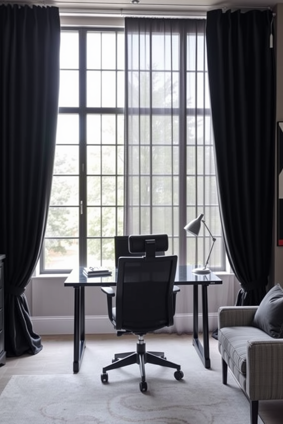 A stylish home office featuring bold black curtains that frame a large window, creating a dramatic focal point in the room. The workspace includes a sleek black desk paired with an ergonomic chair, and the walls are adorned with contemporary artwork in contrasting colors.