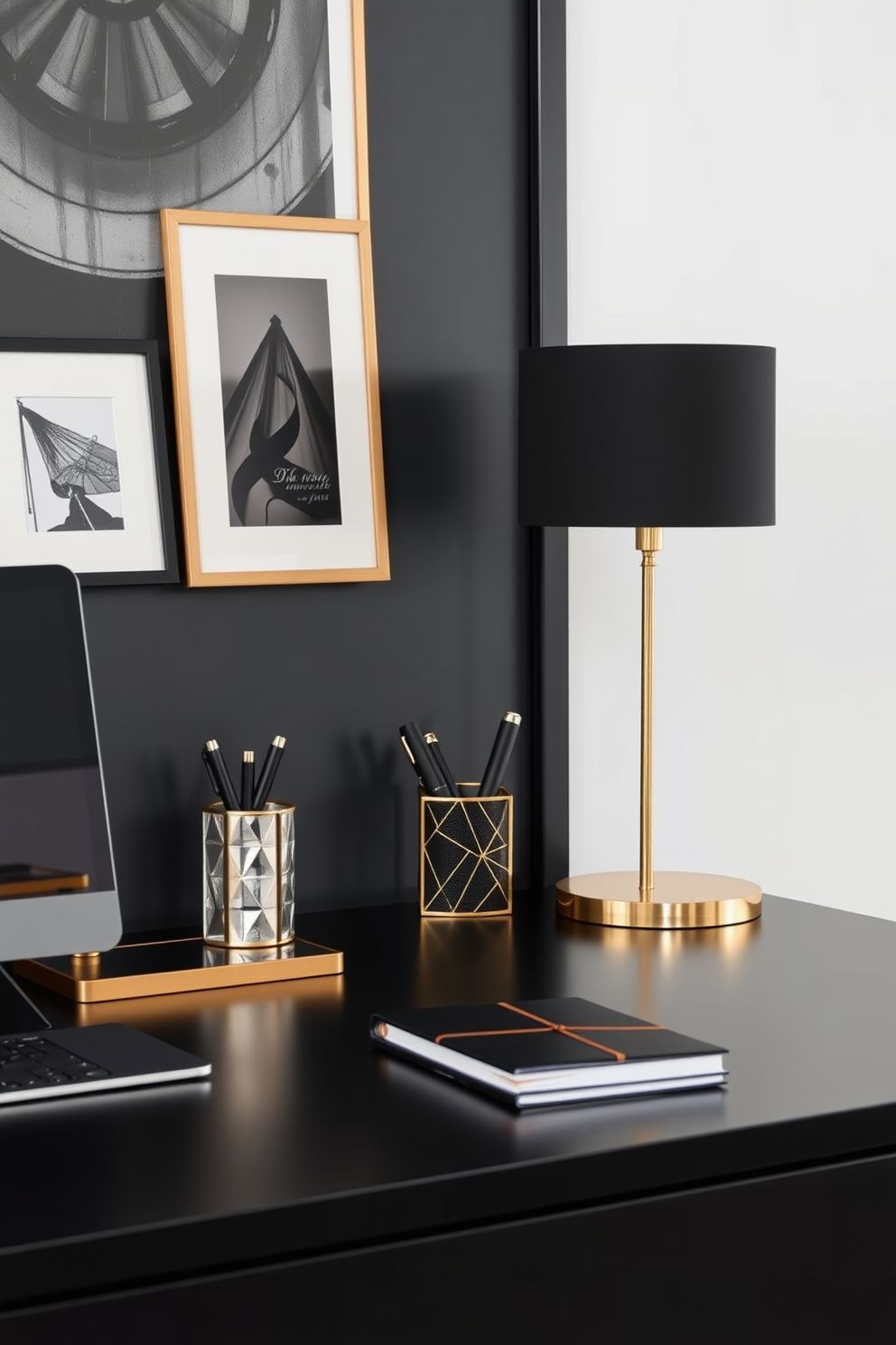 A chic black home office features a sleek black desk paired with elegant gold desk accessories that enhance the overall aesthetic. The workspace is adorned with a minimalist gold desk lamp, a stylish black pen holder, and a sophisticated gold-accented notebook, creating a perfect blend of functionality and luxury.