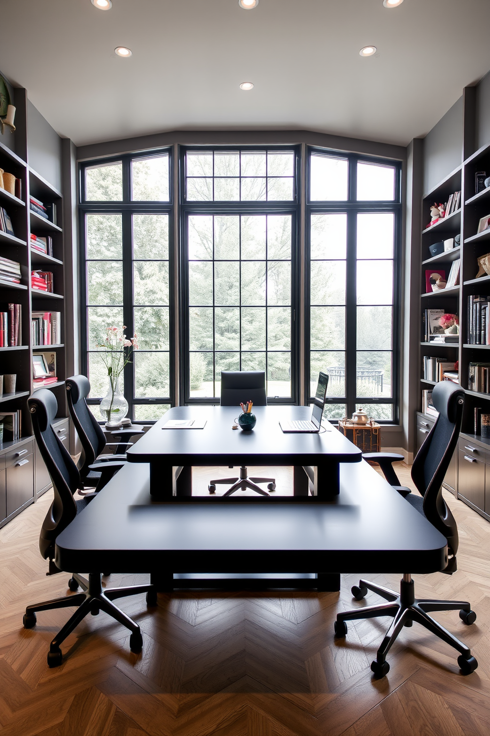 A spacious black worktable is positioned in the center of a modern home office. The walls are painted in a soft gray hue, and large windows allow natural light to flood the room. The worktable is surrounded by stylish ergonomic chairs, creating an inviting workspace. Shelves filled with books and decorative items line the walls, adding personality to the design.