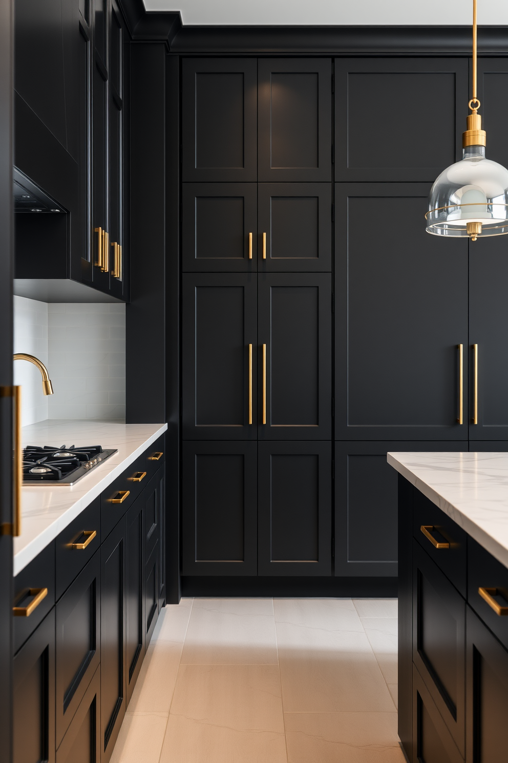 A sleek matte black kitchen featuring modern cabinets with gold hardware that add a touch of elegance. The countertops are white marble, providing a stunning contrast to the dark cabinetry while enhancing the overall sophistication of the space.