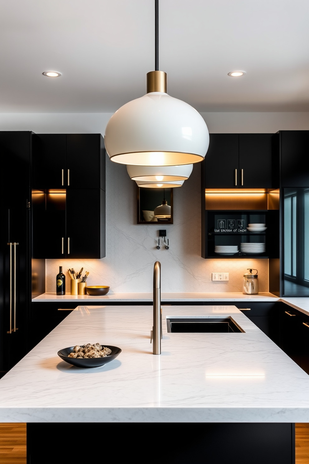 A contemporary black kitchen featuring sleek cabinetry and a large island with a polished quartz countertop. Bold pendant lights hang above the island, illuminating the space with a warm glow and creating a striking contrast against the dark cabinetry.