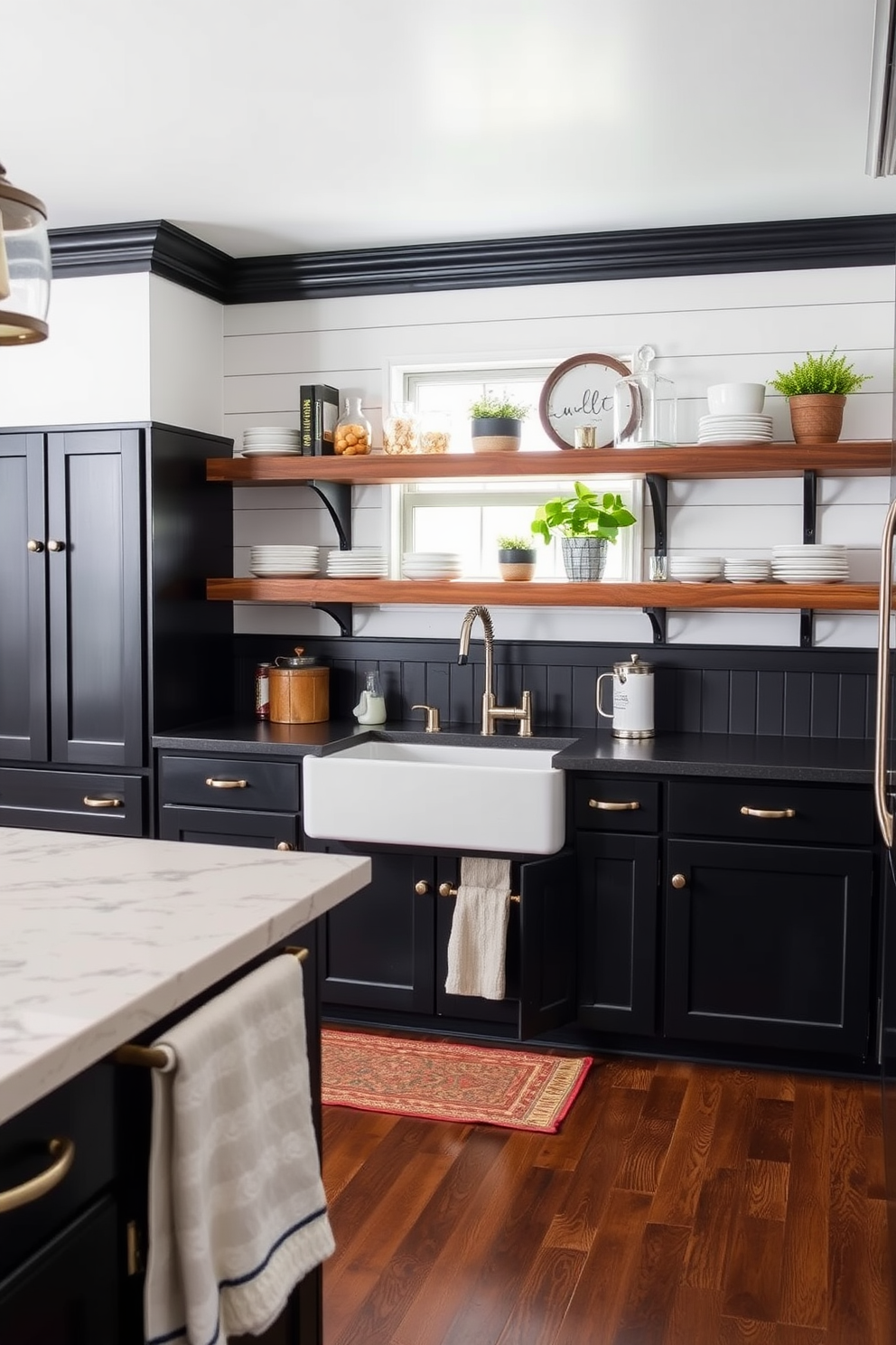 A cozy farmhouse kitchen featuring black cabinets with shiplap detailing. The space includes a large farmhouse sink and rustic wooden shelves adorned with decorative dishes and plants.