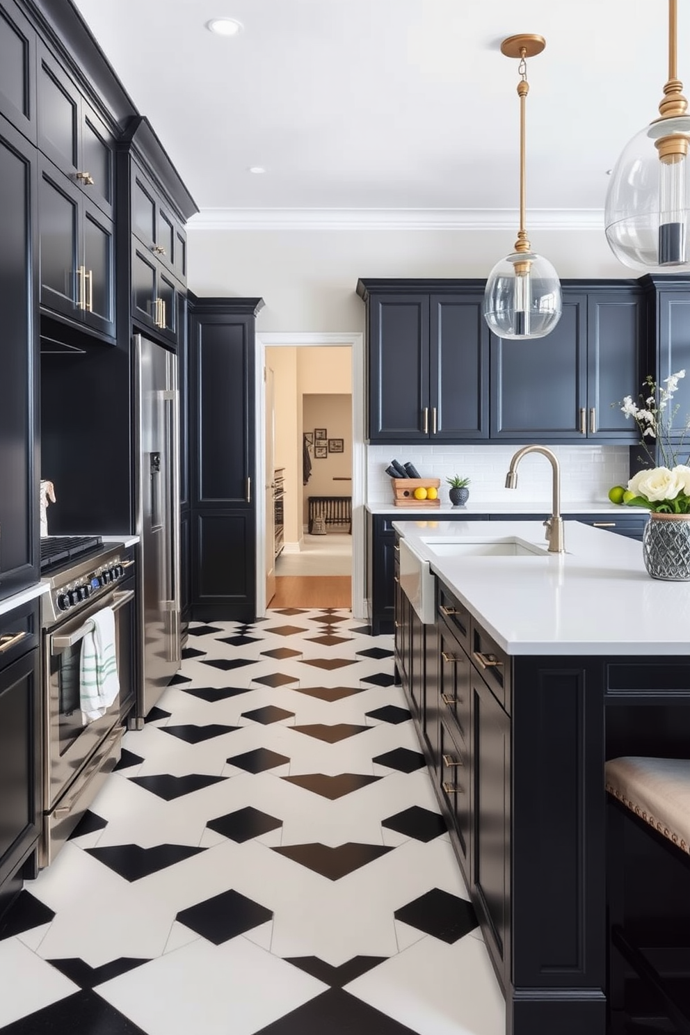 A stylish kitchen featuring a classic black and white checkerboard floor that adds a timeless elegance to the space. The kitchen cabinets are sleek and modern in a deep black finish, complemented by stainless steel appliances and a large island with a white quartz countertop.