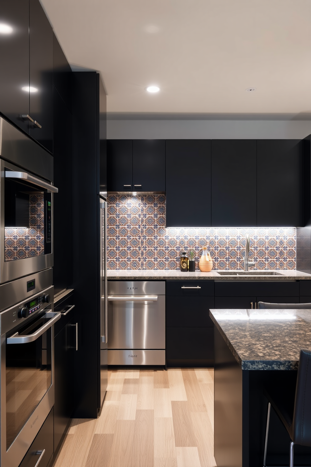 A sleek black kitchen with modern cabinetry and stainless steel appliances. The vibrant backsplash tiles feature an intricate geometric pattern that adds a pop of color to the space. Under-cabinet lighting illuminates the countertop, enhancing the rich textures of the materials used. A stylish kitchen island with bar seating serves as a focal point for gatherings and meal preparation.