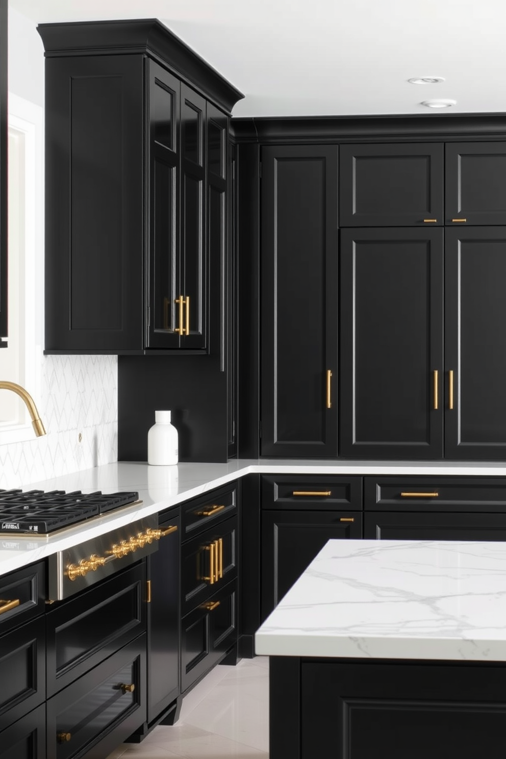 Sophisticated black cabinets with brass fixtures create a striking contrast in a modern kitchen. The sleek cabinetry is complemented by a white marble countertop and a stylish backsplash featuring geometric patterns.