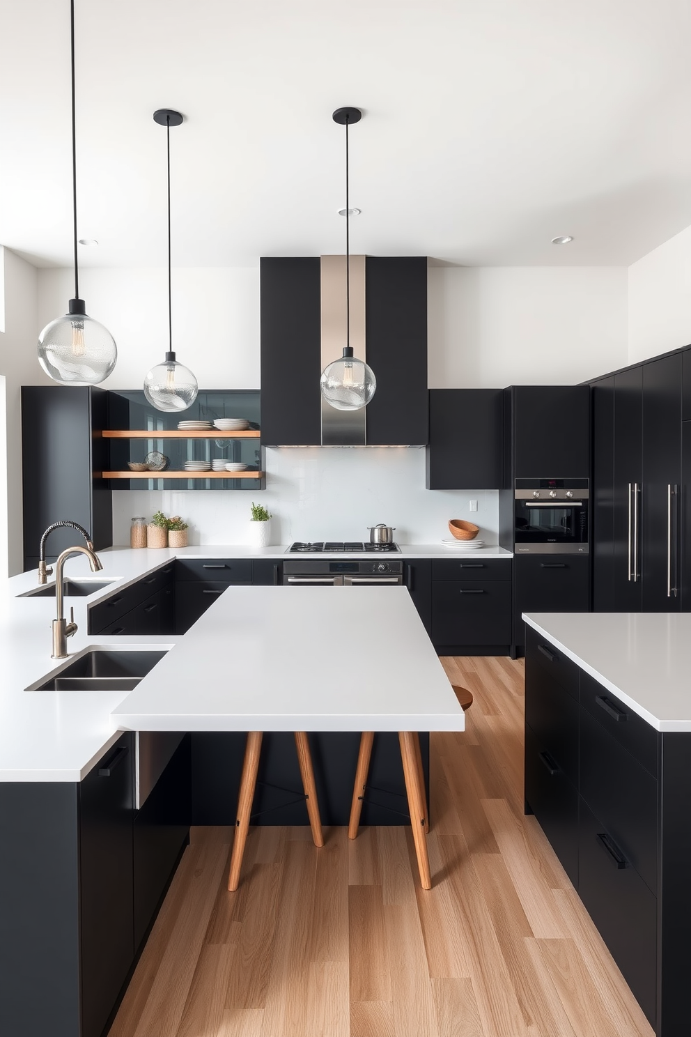 A chic black kitchen features sleek cabinetry with a matte black finish complemented by natural wood accents. The countertops are made of white quartz, providing a striking contrast against the dark elements while adding a touch of elegance. In the center, a large island showcases a waterfall edge and includes bar stools made of natural wood. Pendant lights with a minimalist design hang above, illuminating the space and enhancing the warm atmosphere created by the wood tones.