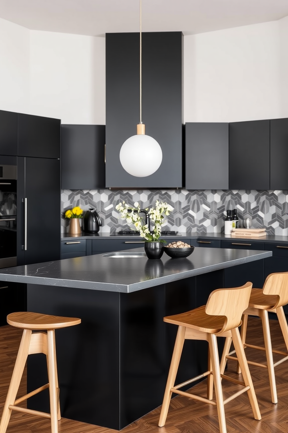 A sleek black kitchen island stands at the center of the space, featuring a smooth countertop with subtle veining. Surrounding the island are contrasting bar stools in a light wood finish, adding warmth and texture to the modern design. The cabinetry is a rich matte black, complementing the island while providing ample storage. A stylish backsplash in a geometric pattern enhances the visual interest of the kitchen, creating a chic and inviting atmosphere.