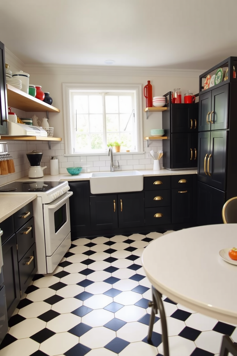 A stylish kitchen featuring vintage black cabinets paired with retro appliances. The cabinets have brass handles and are complemented by a classic checkered floor in black and white. Above the cabinets, open shelving displays colorful dishware and vintage kitchen accessories. A large farmhouse sink sits beneath a window, allowing natural light to illuminate the space.