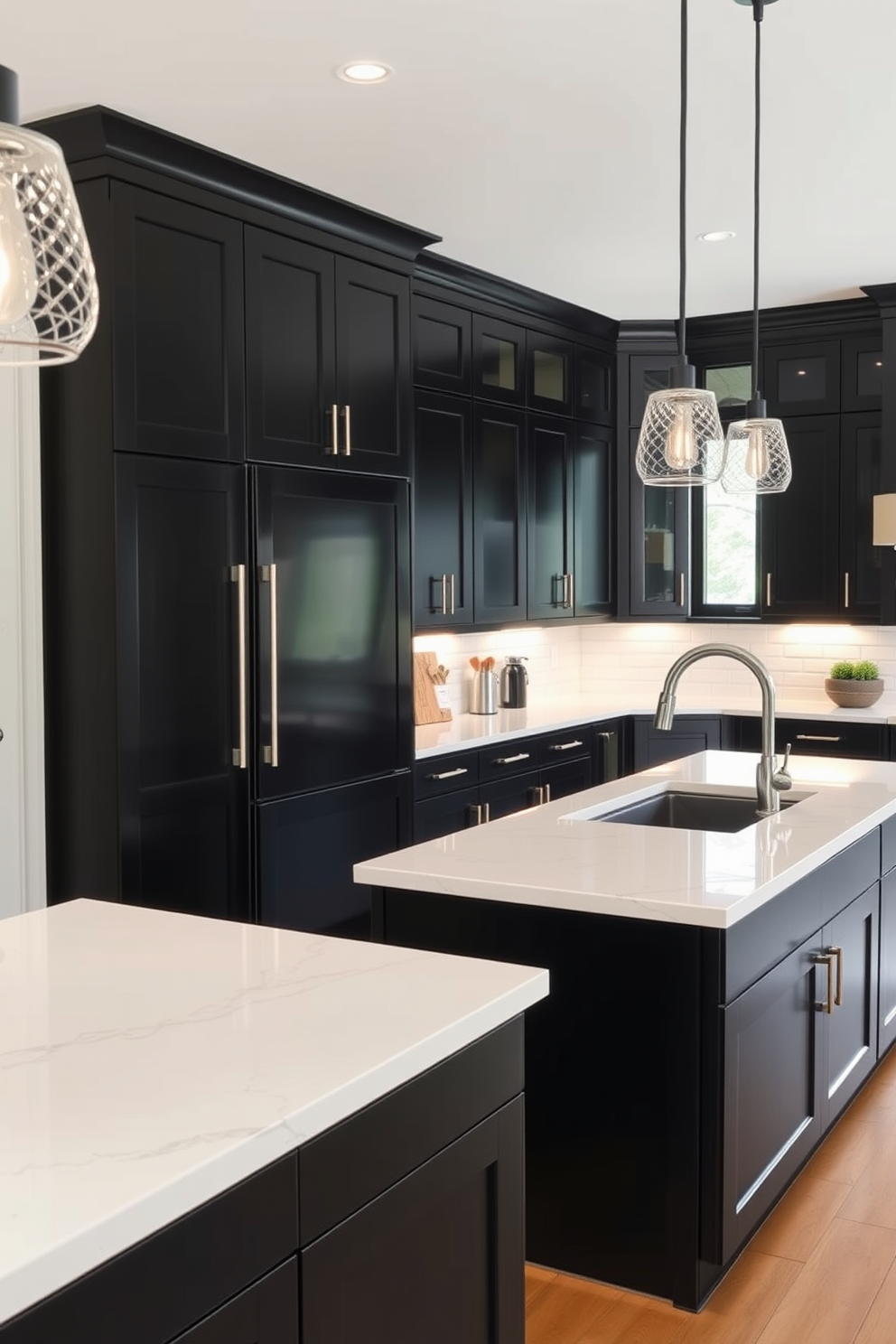 A sleek black kitchen design features brass accents that add a touch of elegance. The cabinetry is matte black, complemented by brass handles and fixtures that create a striking contrast. The kitchen island showcases a black marble countertop with subtle gold veining, enhancing the luxurious feel. Pendant lights with brass finishes hang above the island, illuminating the space with warmth and sophistication.