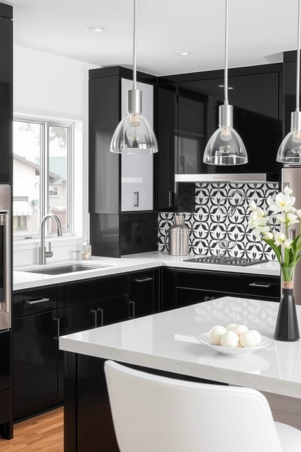 A stunning two-tone black and white kitchen design features sleek black cabinetry paired with crisp white countertops. The space is illuminated by modern pendant lights hanging above an island that serves as both a workspace and a gathering spot. The backsplash showcases a striking black and white geometric pattern that adds visual interest. Stainless steel appliances complement the overall aesthetic, creating a harmonious blend of elegance and functionality.