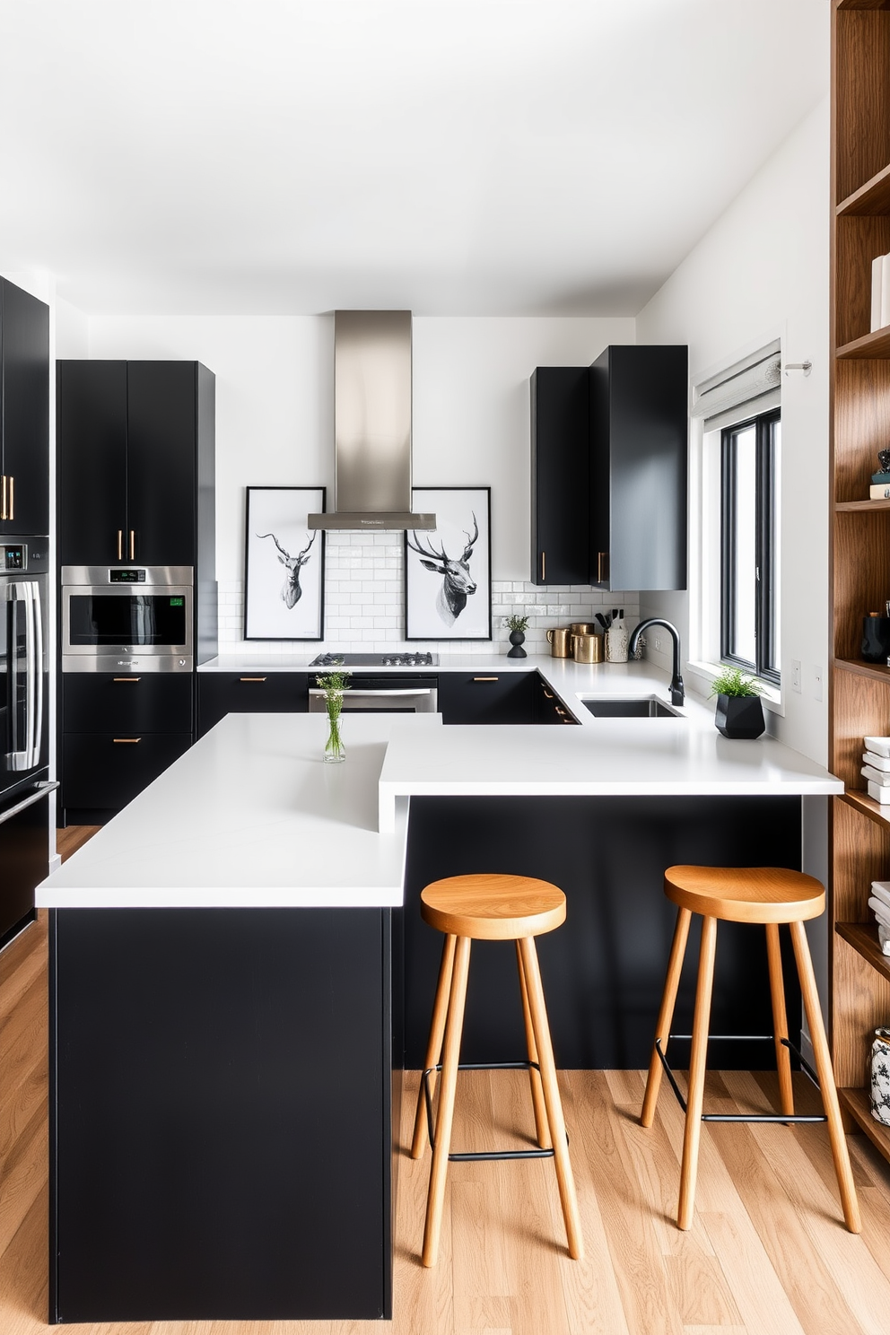 A modern kitchen featuring dark cabinetry with sleek finishes contrasted by light hardwood flooring. The space is enhanced by stainless steel appliances and a large island with bar seating, creating an inviting atmosphere for cooking and entertaining.