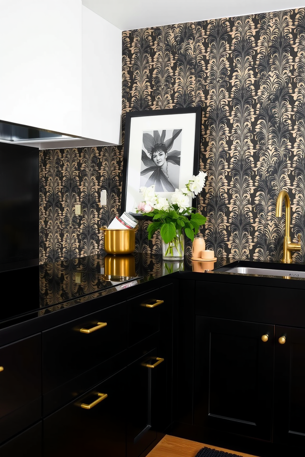 A bold black kitchen featuring striking patterned wallpaper that adds a touch of elegance to the space. The cabinetry is sleek and modern, complemented by gold hardware that enhances the overall sophistication.