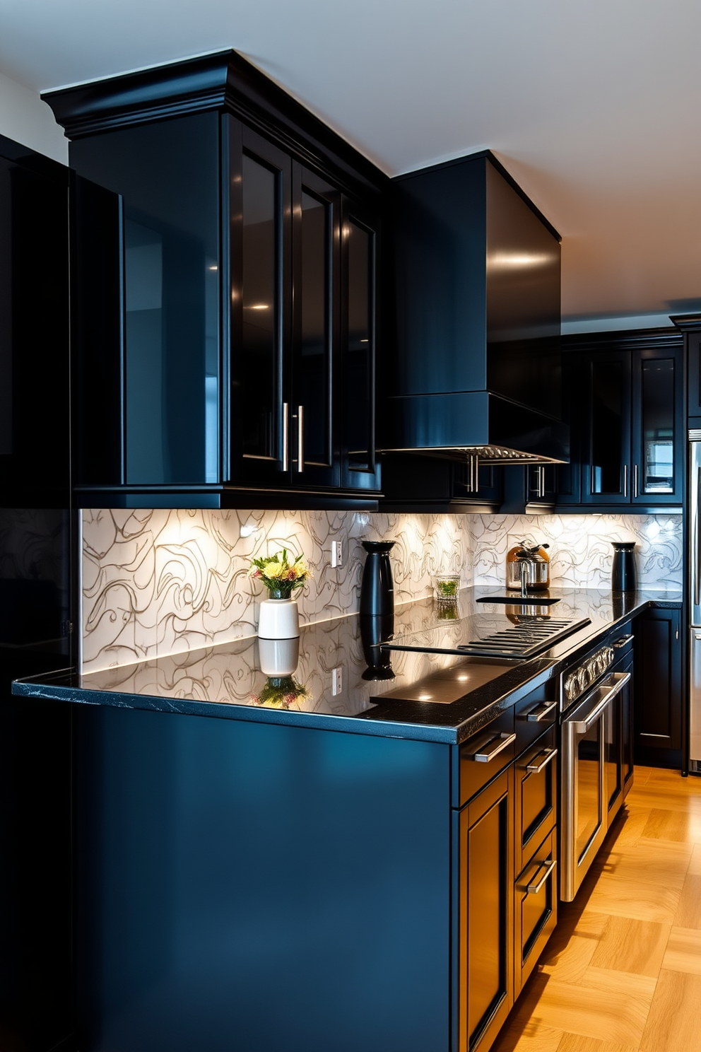 A sleek black range hood is suspended above a spacious kitchen island, creating a striking focal point. The island features a polished white countertop with bar stools arranged on one side, adding a touch of elegance to the modern black kitchen design. The cabinetry is finished in a matte black, complemented by brushed gold hardware for a luxurious contrast. Large windows allow natural light to flood the space, highlighting the seamless blend of functionality and style in this contemporary kitchen.