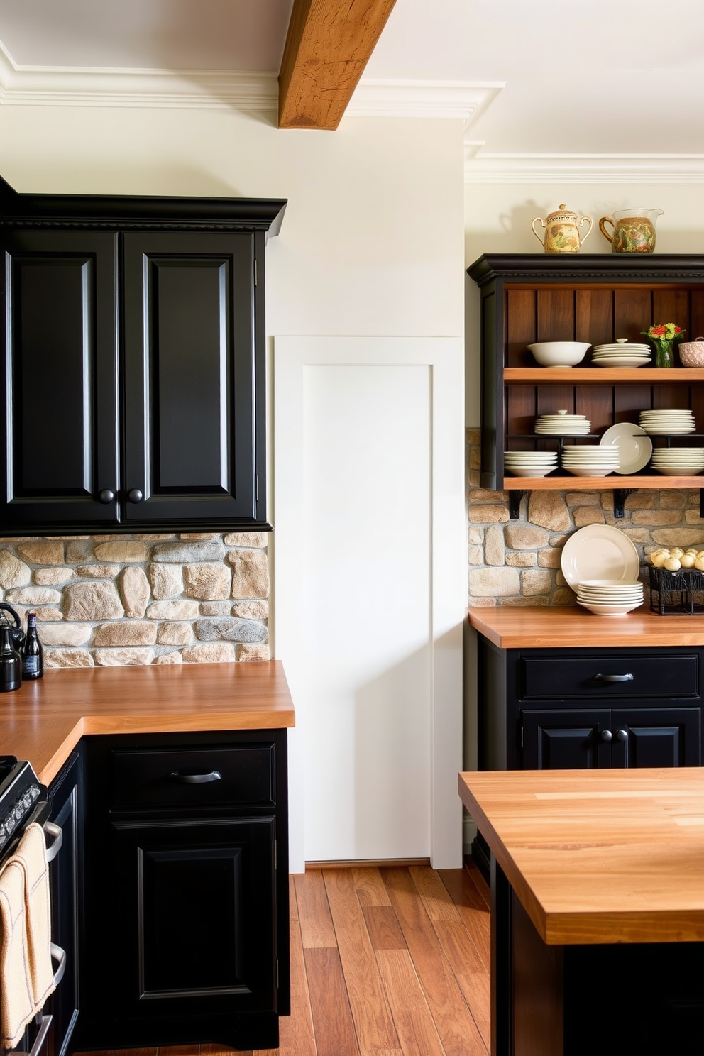 A sleek black cabinetry kitchen with an open concept layout. The space features a large island with bar seating, surrounded by modern appliances and ample storage.