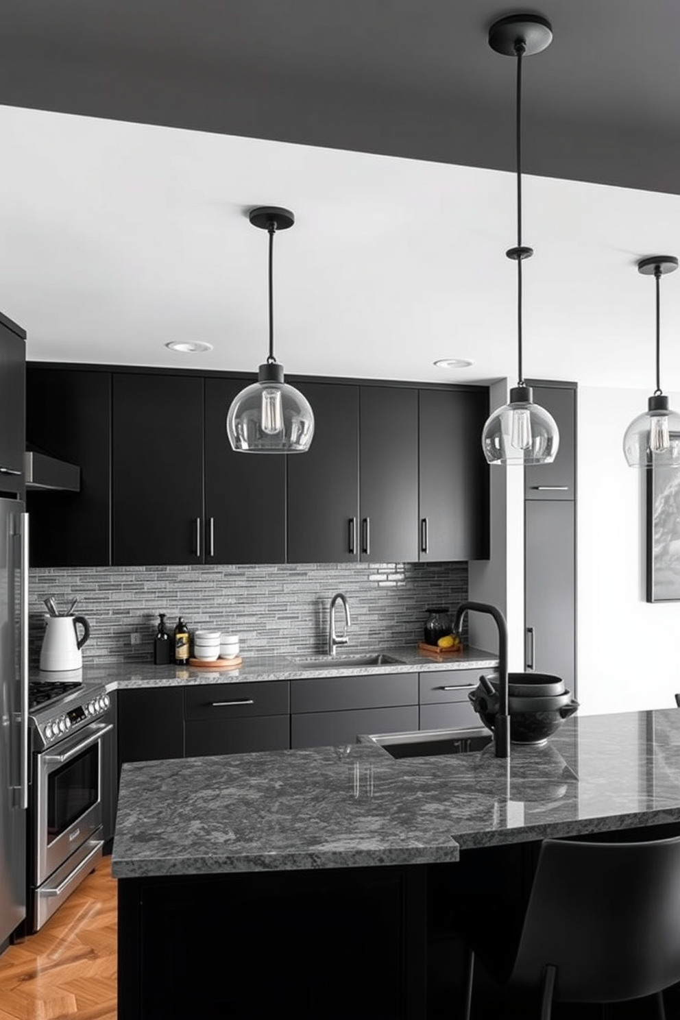 A modern kitchen design featuring a black and gray color palette that adds depth and sophistication. The cabinetry is sleek and matte black, complemented by gray marble countertops and stainless steel appliances. The backsplash showcases a textured gray tile that contrasts beautifully with the darker elements. Pendant lights with black shades hang above an island with bar seating, creating an inviting atmosphere.