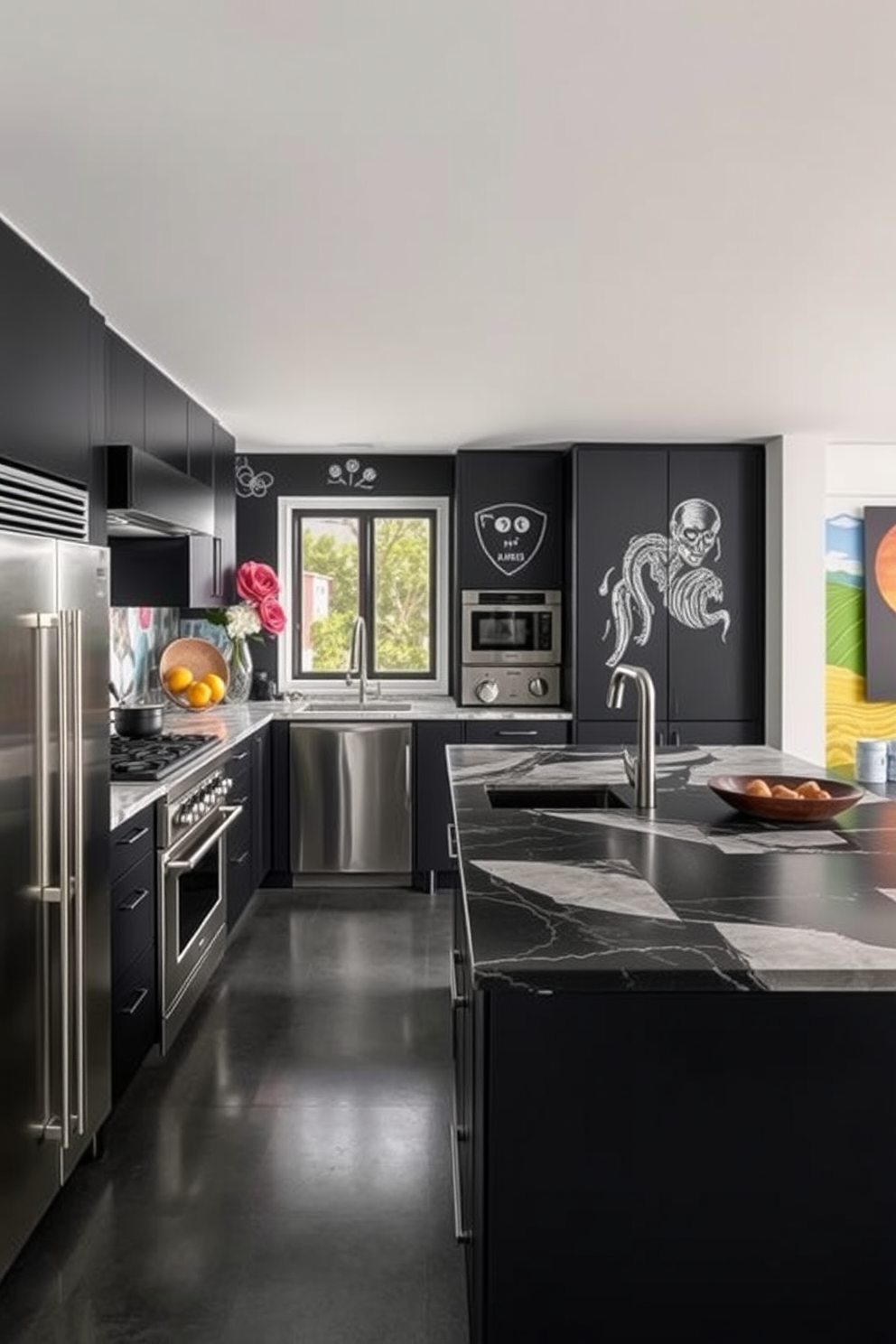 Artistic black kitchen setting featuring creative murals on the walls. The cabinetry is sleek and modern with matte black finishes, complemented by stainless steel appliances and a large island with a unique countertop.