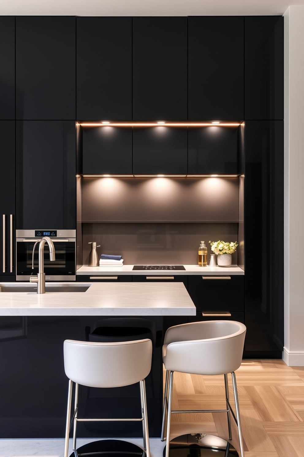 A modern kitchen featuring sleek black cabinets with integrated lighting that highlights the clean lines and minimalist design. The countertops are a contrasting white marble, providing a striking visual balance against the dark cabinetry. The kitchen island is spacious and topped with a smooth surface, perfect for meal preparation and entertaining. Elegant bar stools in a light color complement the overall aesthetic while adding a touch of warmth to the space.