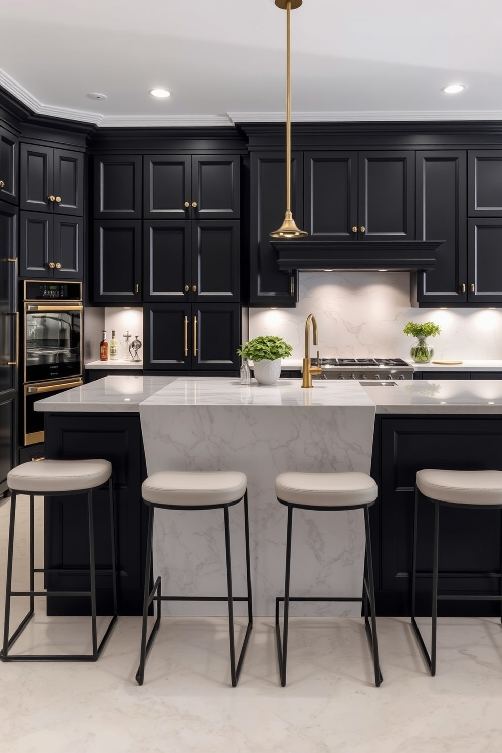 A contemporary black kitchen featuring sleek geometric shapes. The cabinetry is matte black with sharp lines, complemented by a striking white marble island at the center. Stainless steel appliances are seamlessly integrated into the design, enhancing the modern aesthetic. Pendant lights with geometric designs hang above the island, providing both illumination and style.