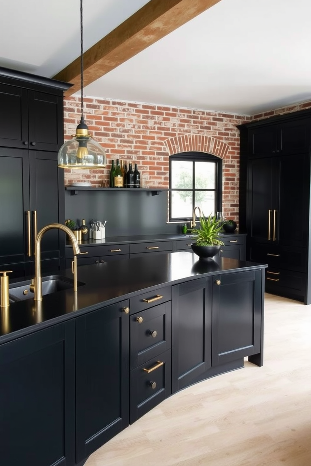 Urban black kitchen with exposed brick walls. The cabinetry features sleek black finishes with brass hardware, and a large island serves as the centerpiece.