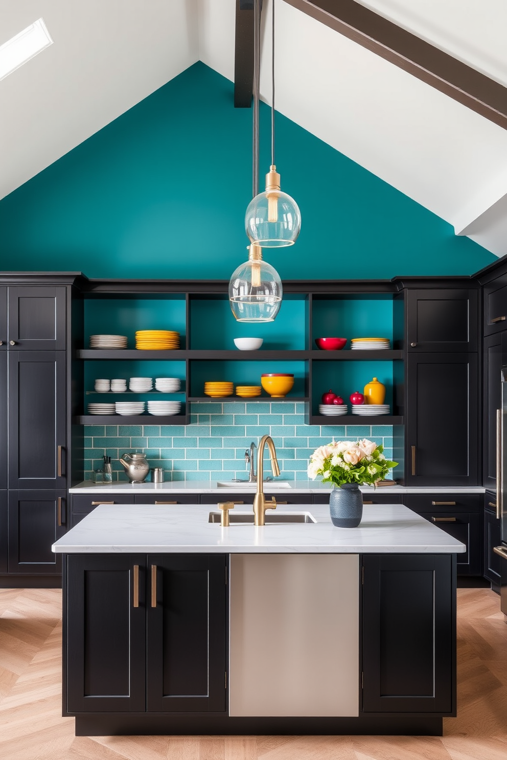 A modern black kitchen featuring layered lighting that creates a warm and inviting atmosphere. Pendant lights hang above the island, while recessed lighting illuminates the countertops and cabinetry. The sleek black cabinets have a glossy finish, complemented by gold hardware for a touch of elegance. A large window allows natural light to flood the space, enhancing the overall design.