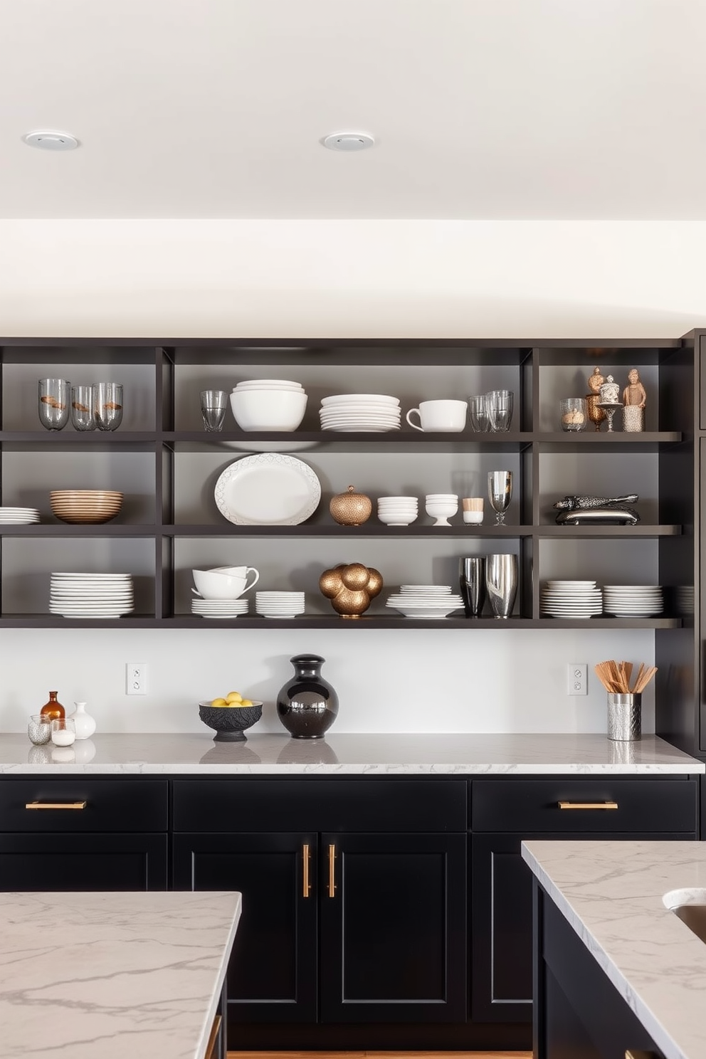 A modern kitchen featuring open shelving with sleek black accents. The shelves are filled with stylish dishware and decorative items, creating a visually appealing display against a backdrop of dark cabinetry. The kitchen island is topped with a polished black countertop, complemented by minimalist bar stools. Warm lighting fixtures hang above, casting a soft glow over the space and enhancing the contemporary aesthetic.