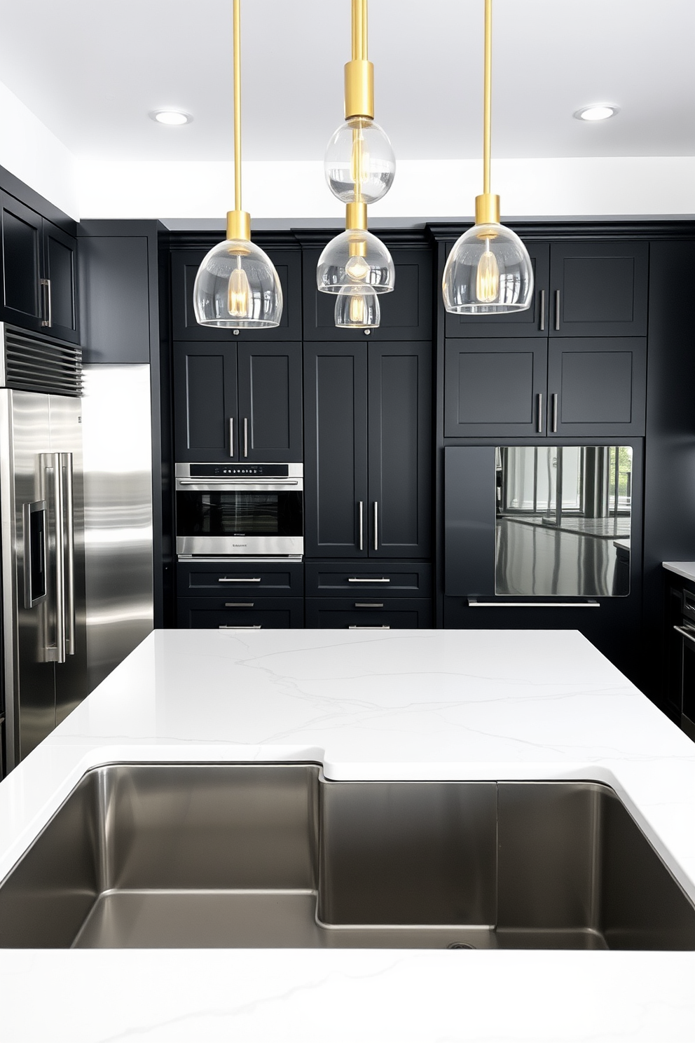 A sleek black kitchen features modern stainless steel appliances seamlessly integrated into the cabinetry. The countertops are a polished white quartz, providing a striking contrast against the matte black cabinets. The kitchen island is large and functional, topped with a waterfall edge that enhances the contemporary aesthetic. Pendant lighting with gold accents hangs above the island, adding warmth to the space while highlighting its sophisticated design.