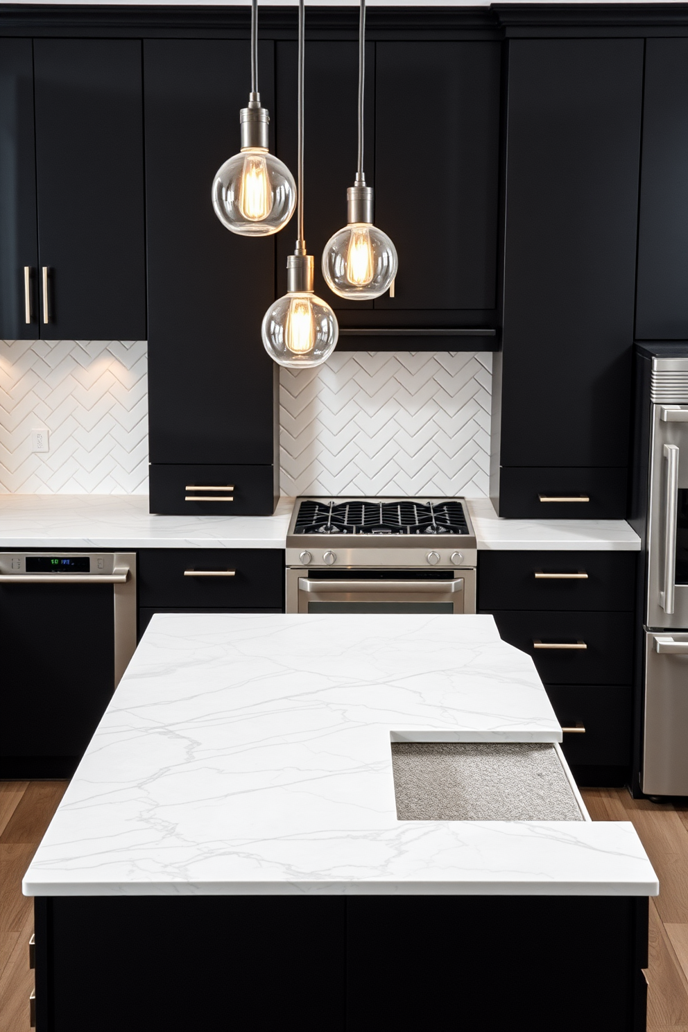 A modern kitchen featuring sleek black cabinets that provide a striking contrast against elegant marble countertops. The space is illuminated by warm pendant lights hanging above an island with bar seating, creating an inviting atmosphere for gatherings. The backsplash showcases a herringbone pattern in white subway tiles, enhancing the kitchen's contemporary aesthetic. Stainless steel appliances seamlessly integrate into the design, offering both functionality and style.