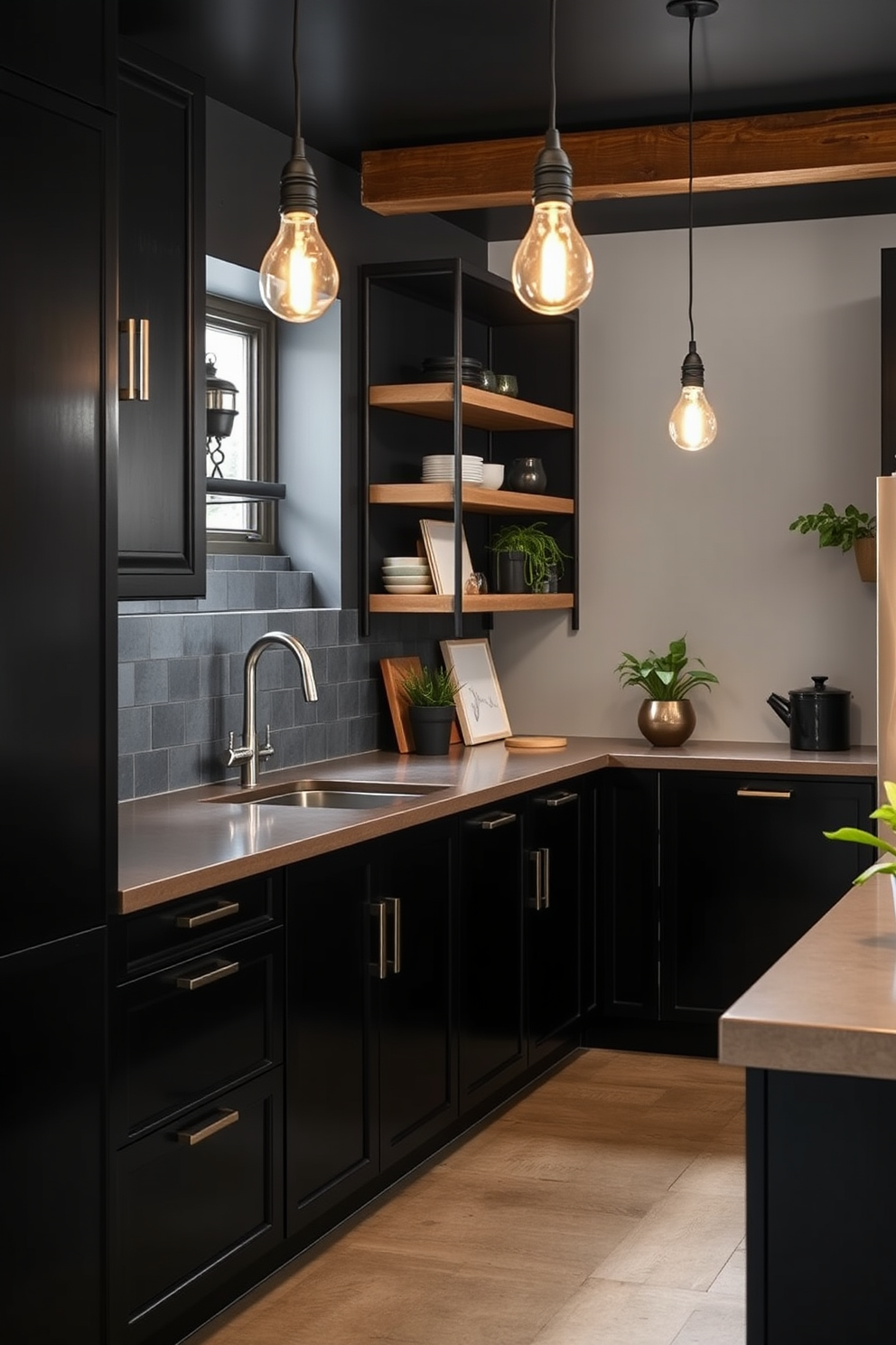 Glossy black cabinets create a striking focal point in a modern kitchen. The sleek finish reflects light beautifully, enhancing the overall sophistication of the space. Complementing the black cabinetry, a white marble countertop adds a touch of elegance. Stainless steel appliances and minimalist hardware complete the contemporary aesthetic.