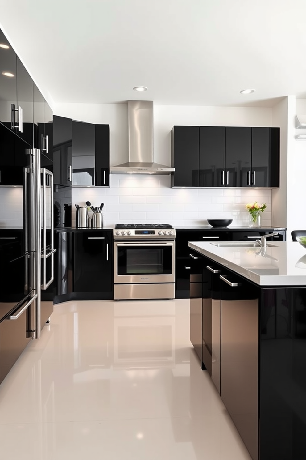 A striking black kitchen featuring sleek cabinetry and warm wood tones that create a cozy yet modern atmosphere. The countertops are a rich wood finish, complementing the black appliances and fixtures for a sophisticated look. A large kitchen island with bar seating invites gatherings and enhances functionality. Pendant lights hang above, casting a warm glow over the space while highlighting the contrast between the black and wood elements.