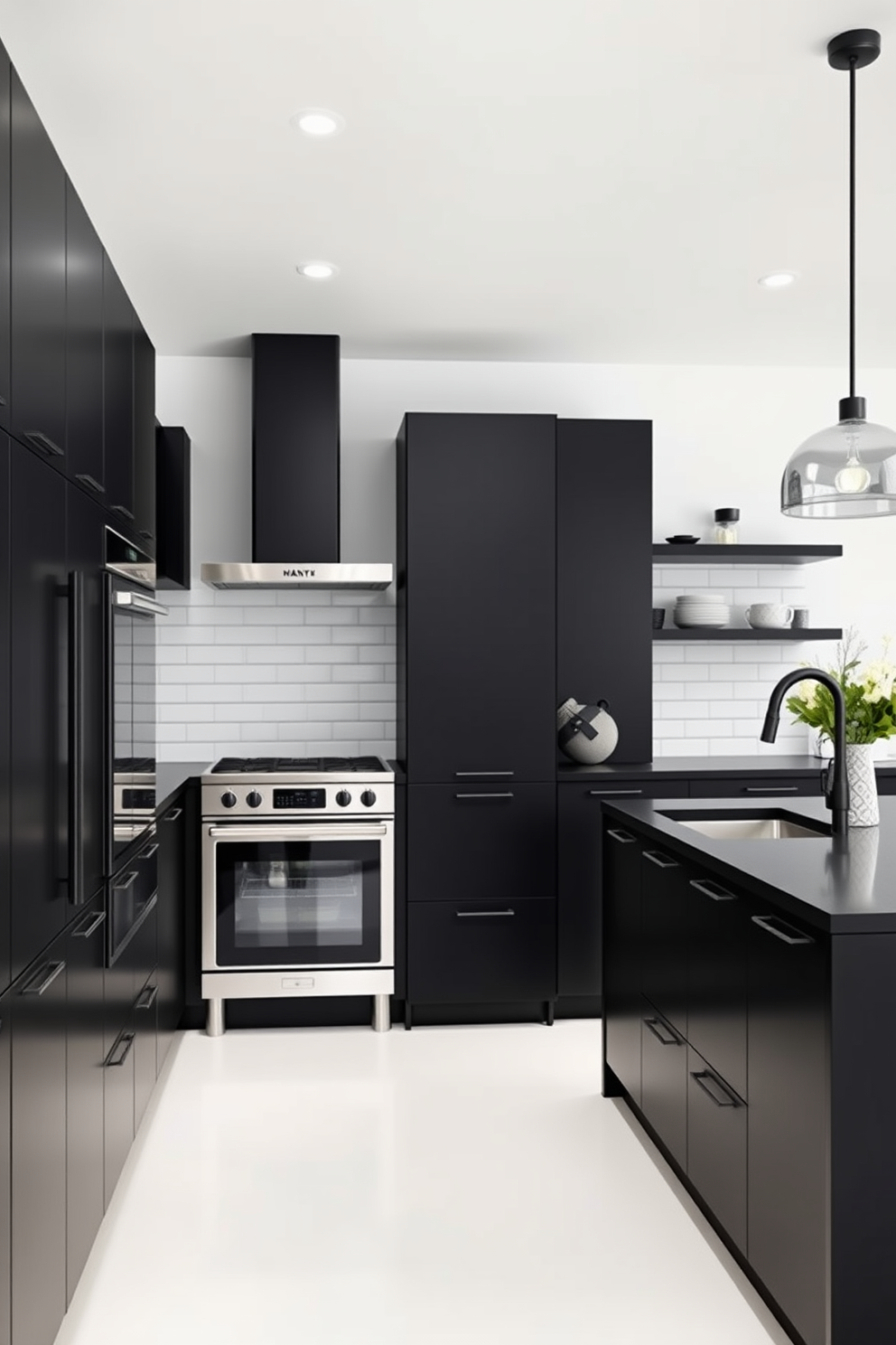 A minimalist black kitchen with clean lines features sleek cabinetry and a large island with a matte black finish. The backsplash is made of white subway tiles, providing a striking contrast against the black elements. Stainless steel appliances are seamlessly integrated into the design, enhancing the modern aesthetic. Pendant lights hang above the island, adding a touch of warmth to the overall look.