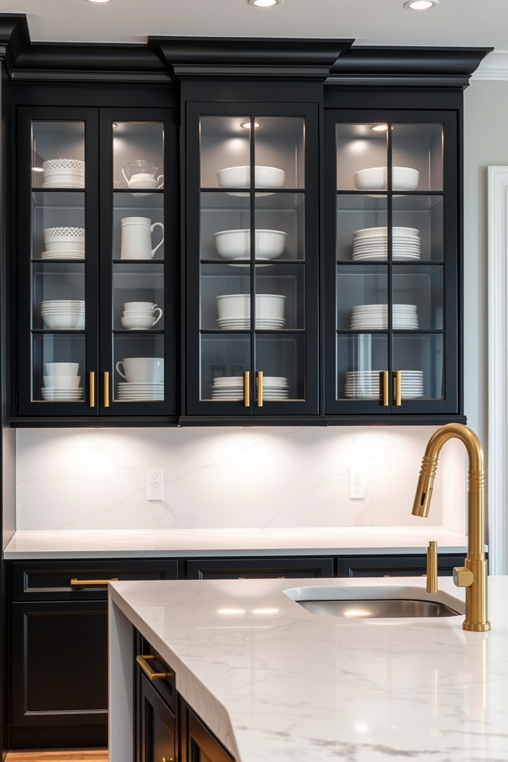 A minimalist black kitchen with clean lines features sleek cabinetry that seamlessly integrates with the walls. The countertops are made of polished black stone, and a large island with bar seating sits at the center, complemented by understated pendant lighting above. The backsplash consists of simple white tiles that create a striking contrast against the dark cabinetry. A few carefully selected kitchen accessories add a touch of warmth, while large windows allow natural light to flood the space.