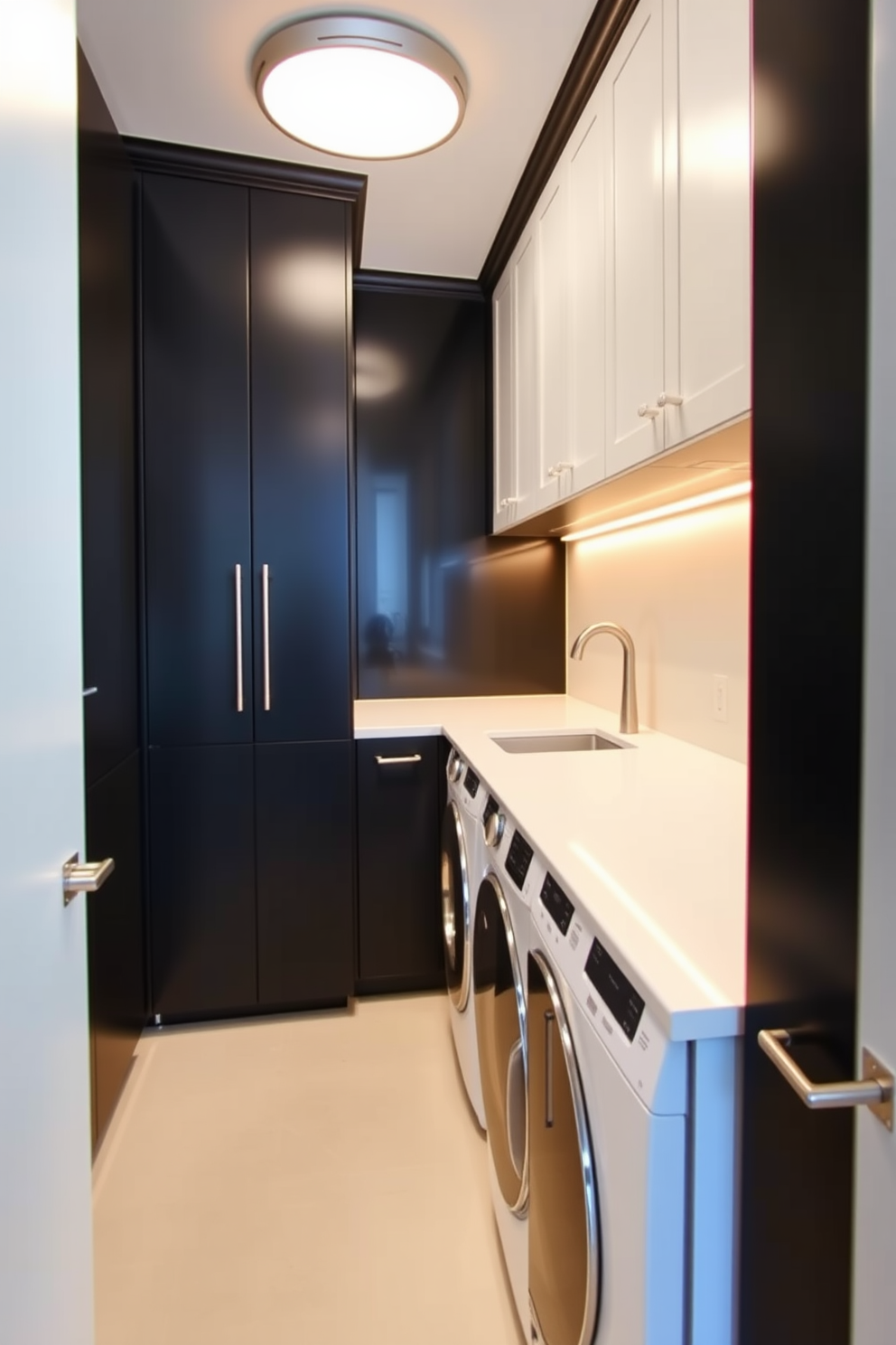 A sleek laundry room featuring crisp white countertops paired with modern black cabinets. The space is illuminated by warm lighting, highlighting the contrast between the cabinetry and the countertops.