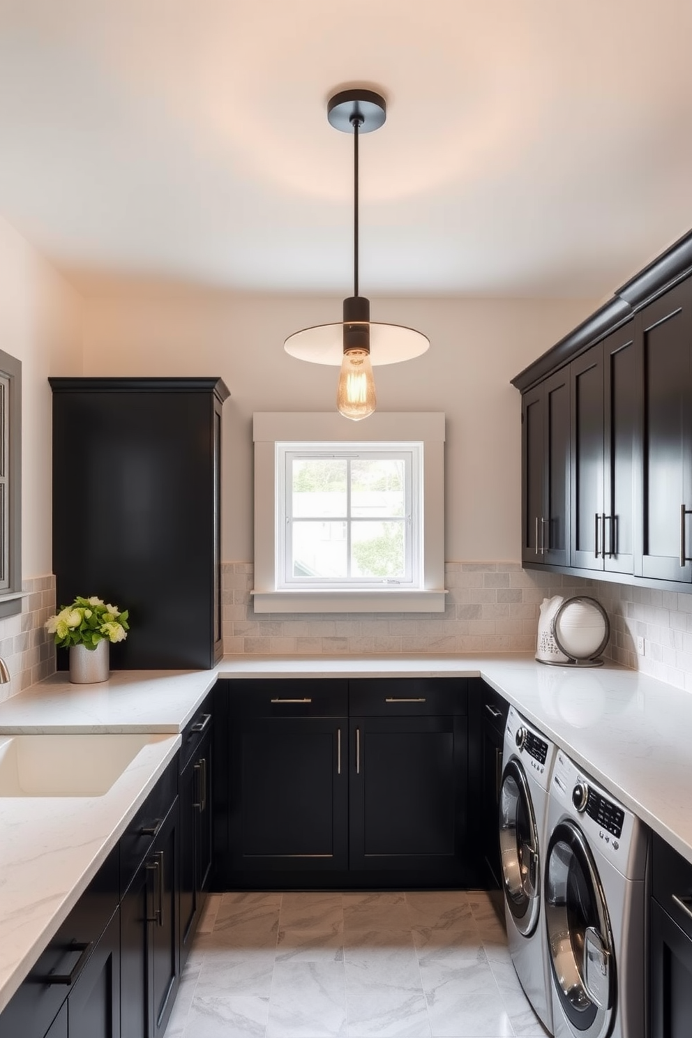 Chic pendant lighting hangs gracefully over the workspace illuminating the area with a warm glow. The sleek design features a modern finish that complements the overall aesthetic of the room. The black laundry room design showcases deep black cabinetry and elegant countertops creating a sophisticated atmosphere. Stylish storage solutions are integrated seamlessly to maintain a clutter-free environment while enhancing functionality.