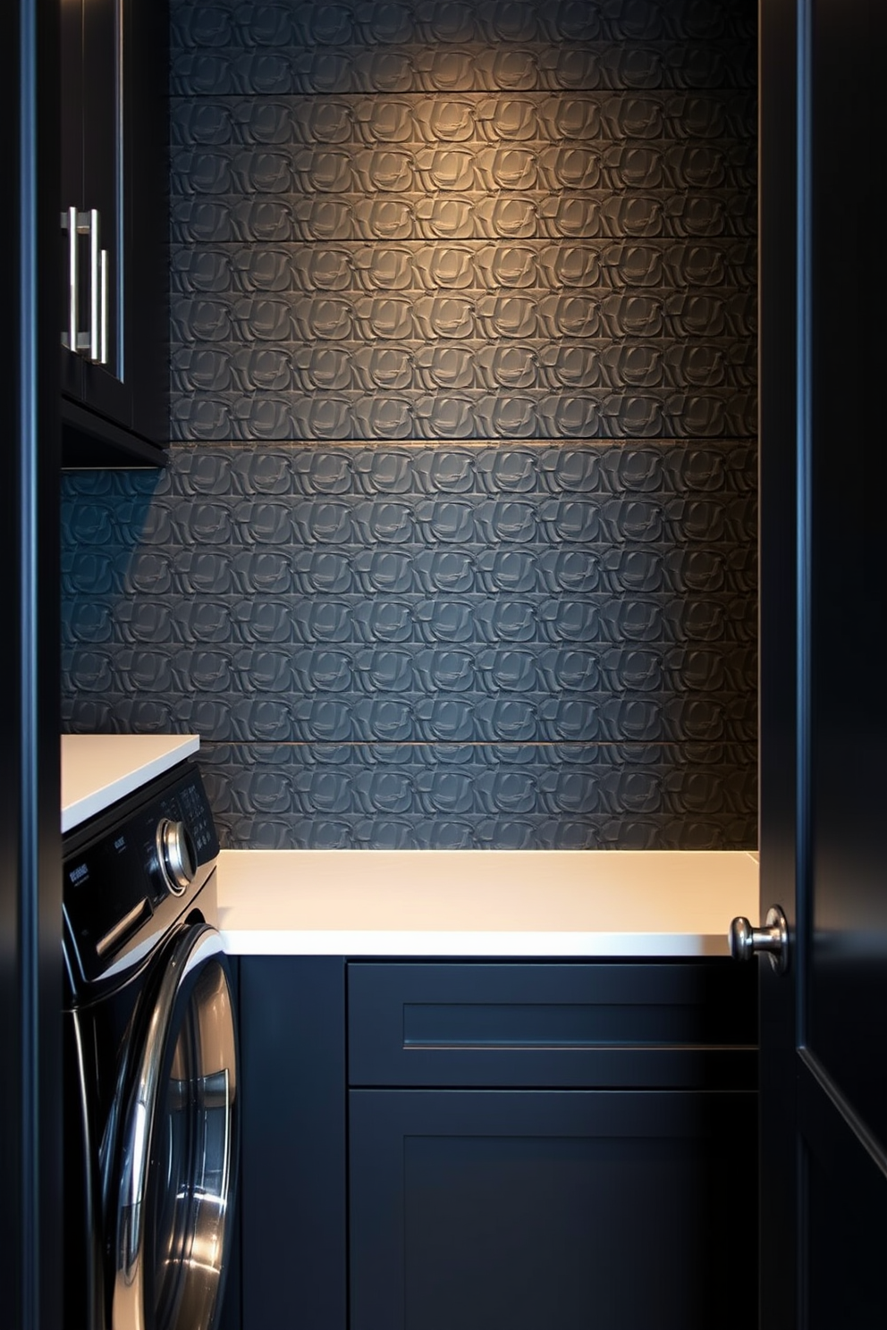 Textured wall panels in deep black create a striking backdrop for a modern laundry room. The space features sleek black cabinetry and stainless steel appliances, complemented by a white countertop for contrast.