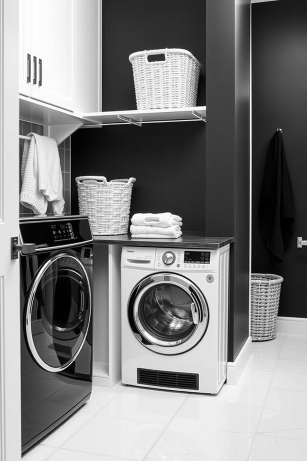 A stylish laundry room featuring a central island with sleek black countertops. The cabinetry is a deep matte black, providing a modern contrast to the light grey walls.