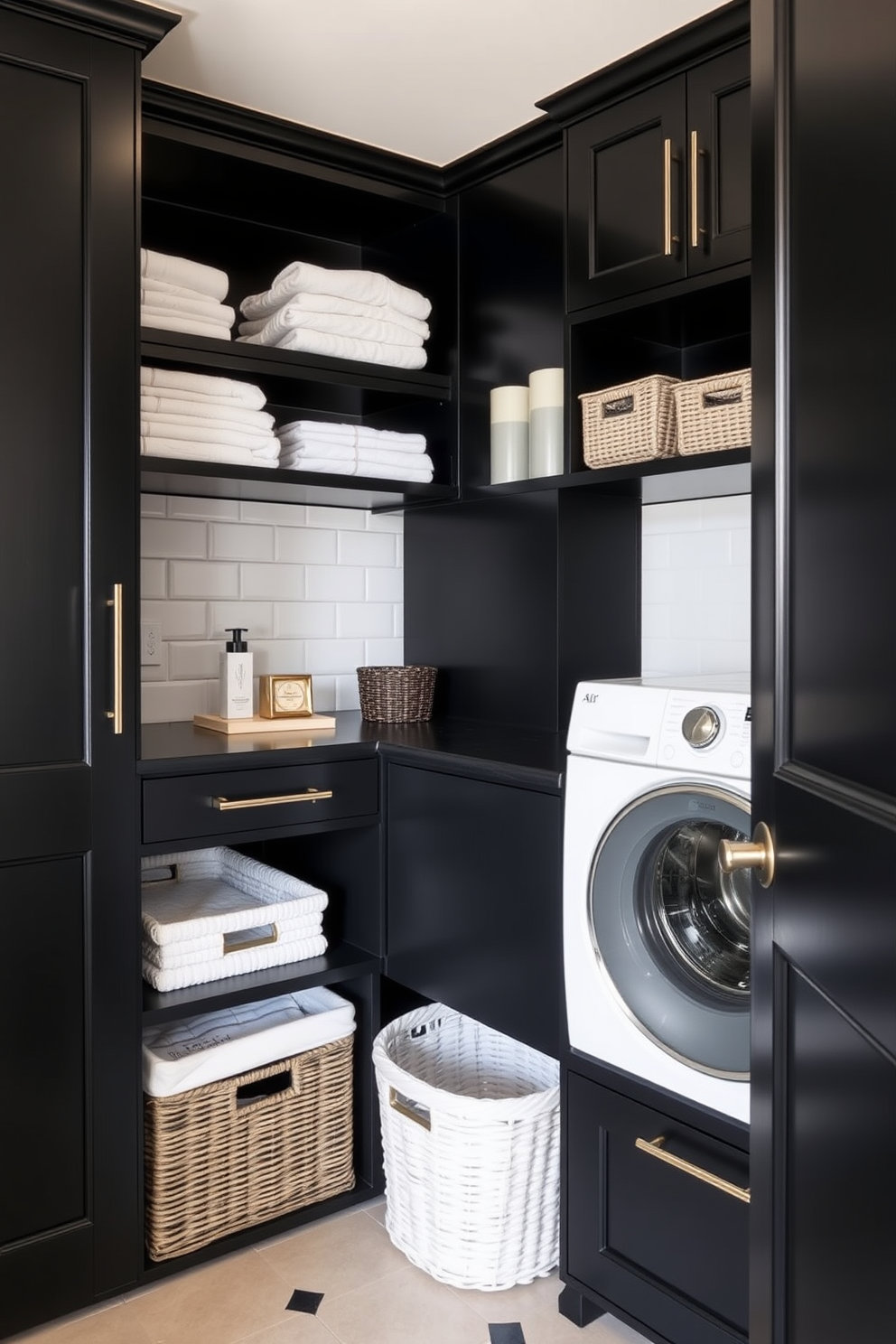 A sleek black laundry room features clever storage solutions seamlessly integrated under the counter. Open shelving above the counter holds neatly stacked towels and laundry supplies, while stylish baskets provide additional organization.