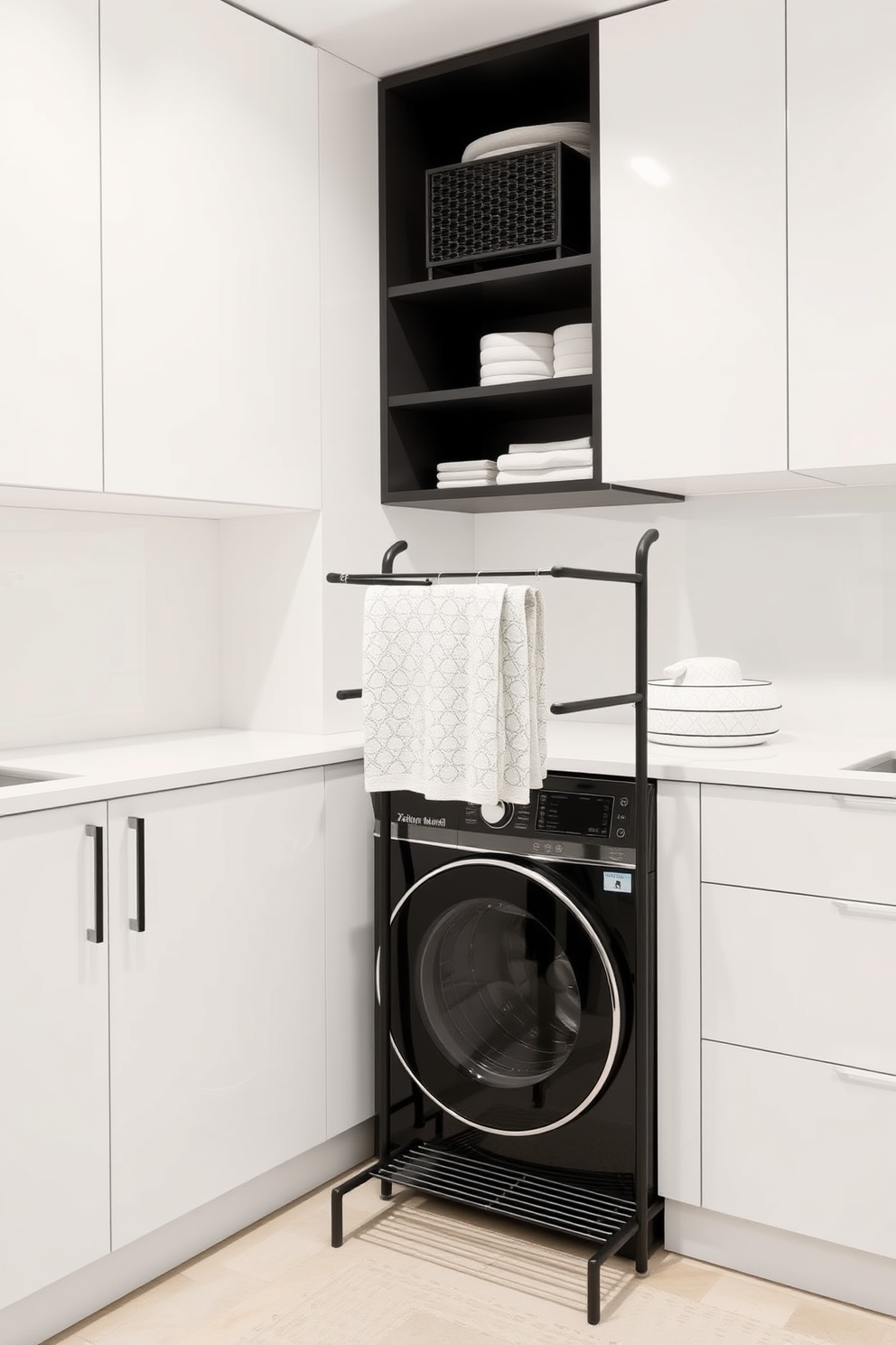 A stylish drying rack in black metal stands prominently in a sleek laundry room. The space features modern cabinetry with a glossy finish, complemented by a minimalist countertop and ample storage solutions.