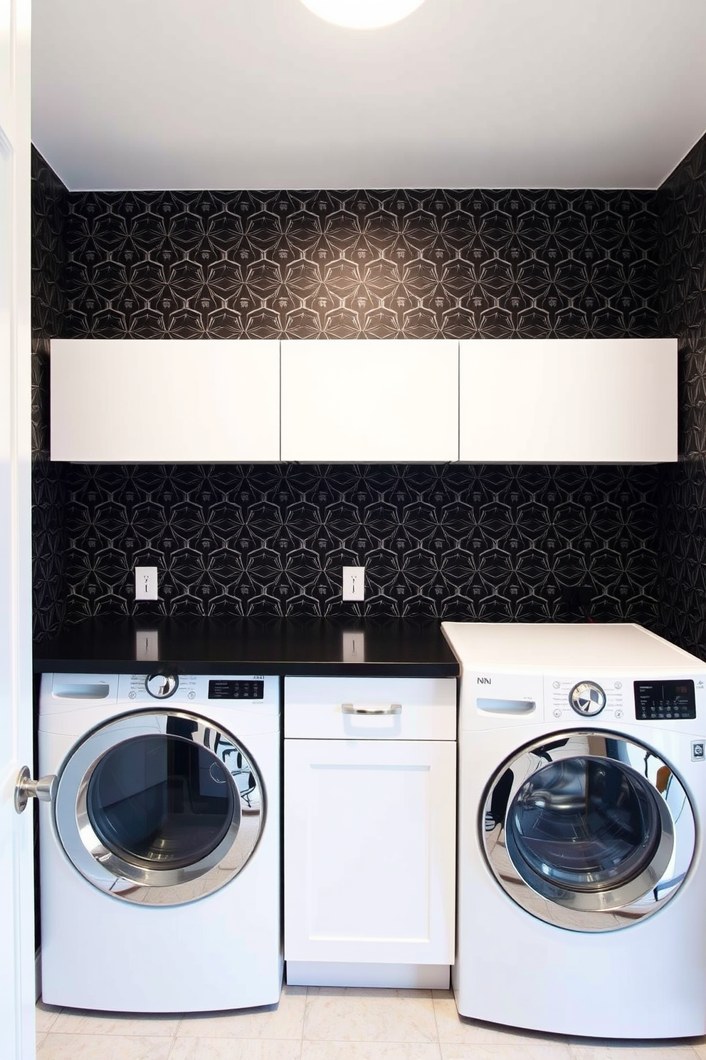 A stylish laundry room featuring geometric patterns on black wallpaper. The room is equipped with sleek white cabinets and a modern black countertop for folding clothes.