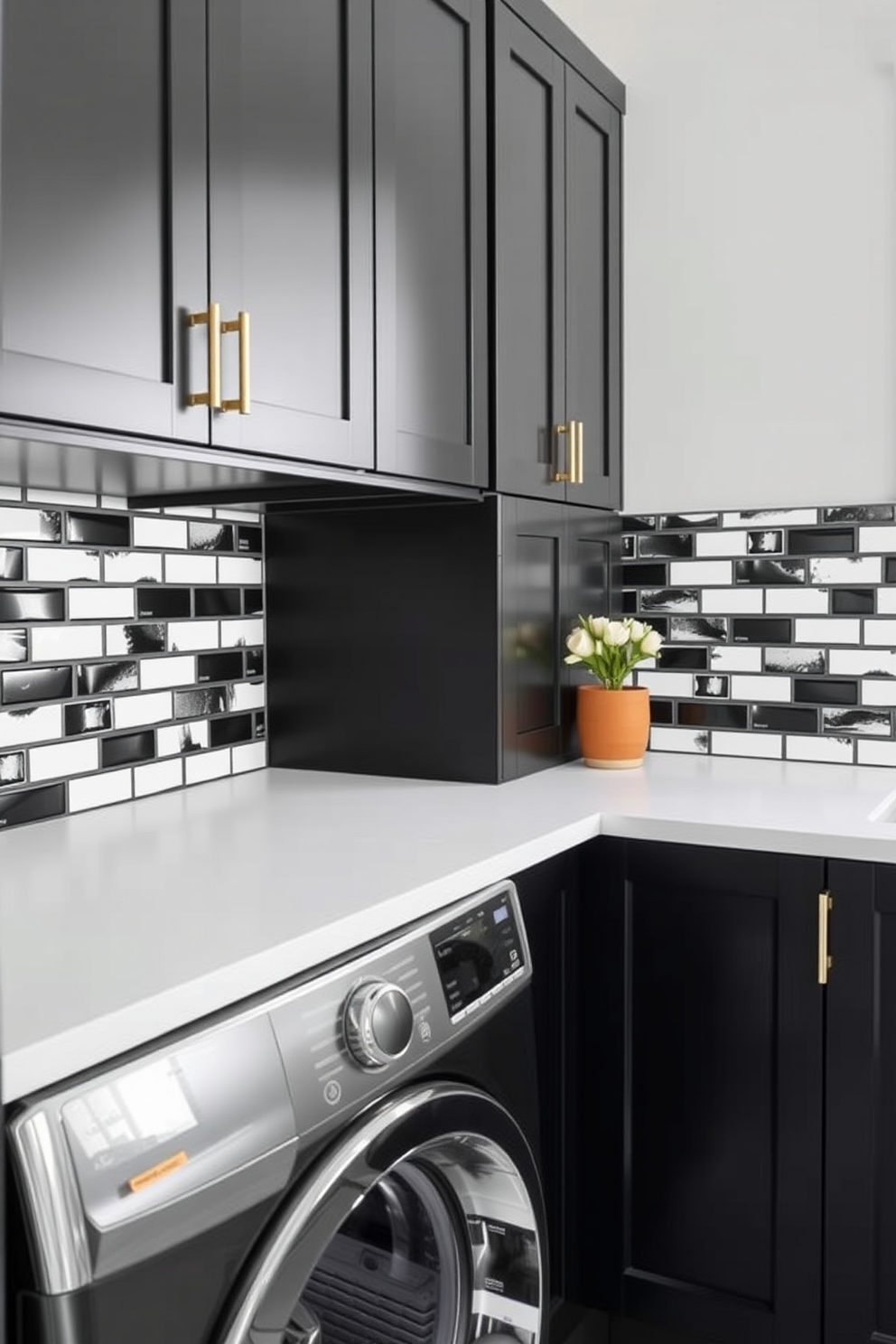 A striking black laundry room features sleek black cabinetry and a modern washer and dryer set. The space is illuminated by stylish pendant lights, creating a chic and functional environment. The white walls provide a clean backdrop that enhances the bold black accents throughout the room. A minimalist black countertop offers ample space for folding laundry, while decorative baskets add a touch of organization and style.