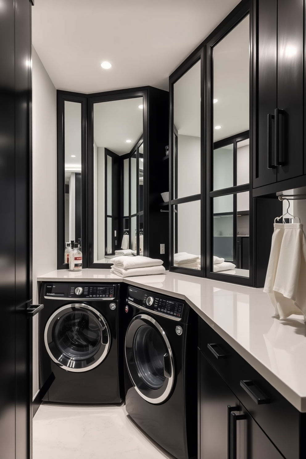 A striking black laundry room features dramatic pendant lights hanging from the ceiling, casting a warm glow over the space. The walls are painted a deep matte black, creating a sleek and modern backdrop for stylish cabinetry and appliances. The laundry area includes open shelving made of reclaimed wood, providing both functionality and aesthetic appeal. A bold, patterned rug lies on the floor, adding a touch of texture and color to the monochromatic design.