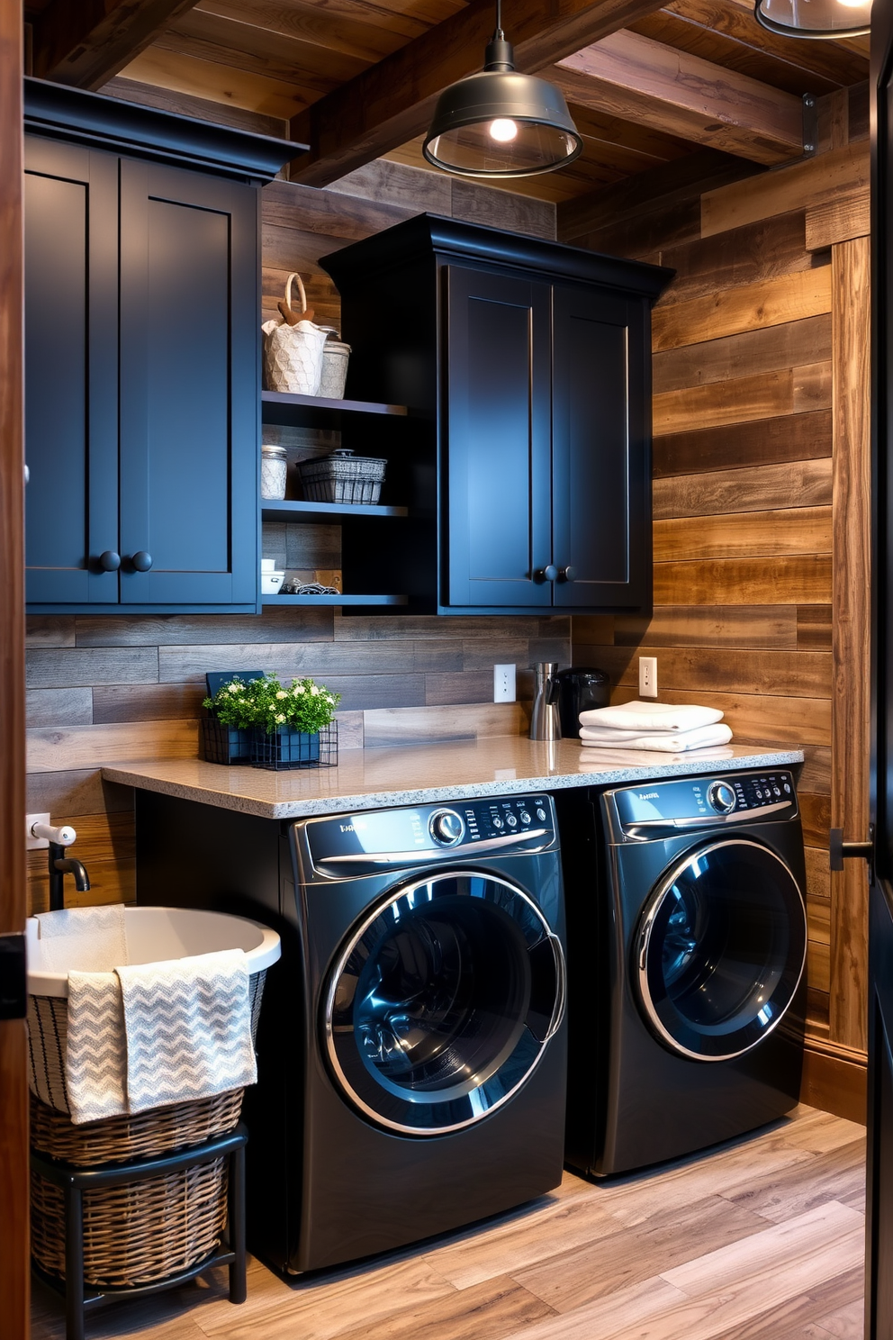 A rustic laundry room featuring wood accents and black elements. The walls are adorned with reclaimed wood panels, while sleek black cabinetry provides a modern contrast.