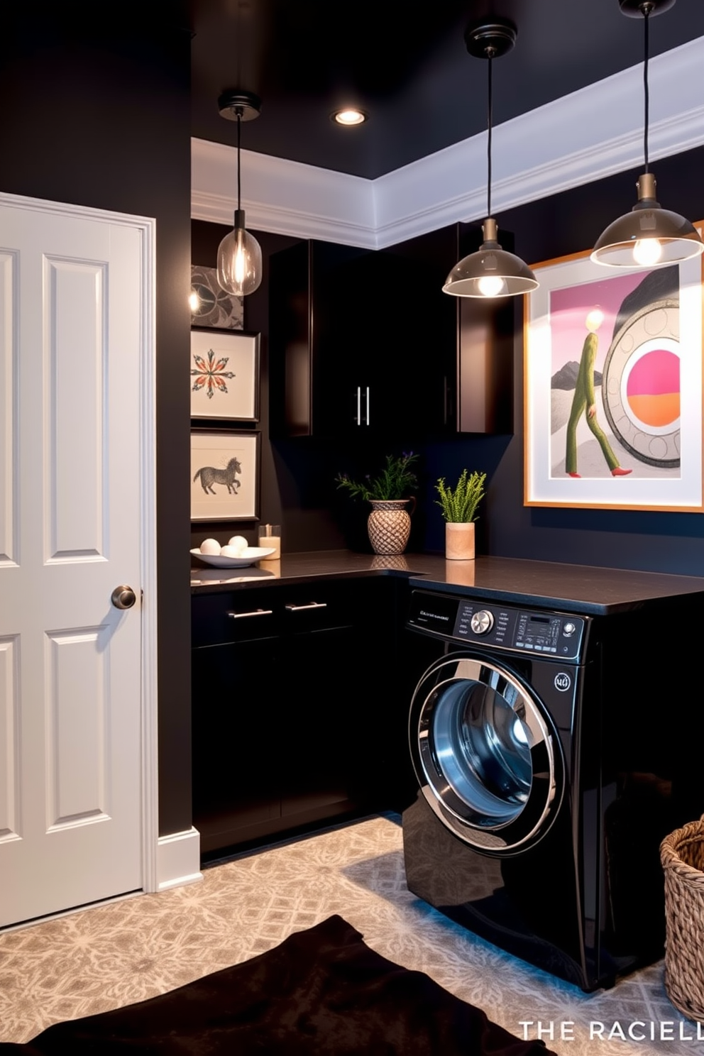 A striking black laundry room featuring bold art pieces that add a vibrant touch to the space. The walls are adorned with colorful abstract paintings, while sleek black cabinetry provides ample storage and a modern aesthetic.