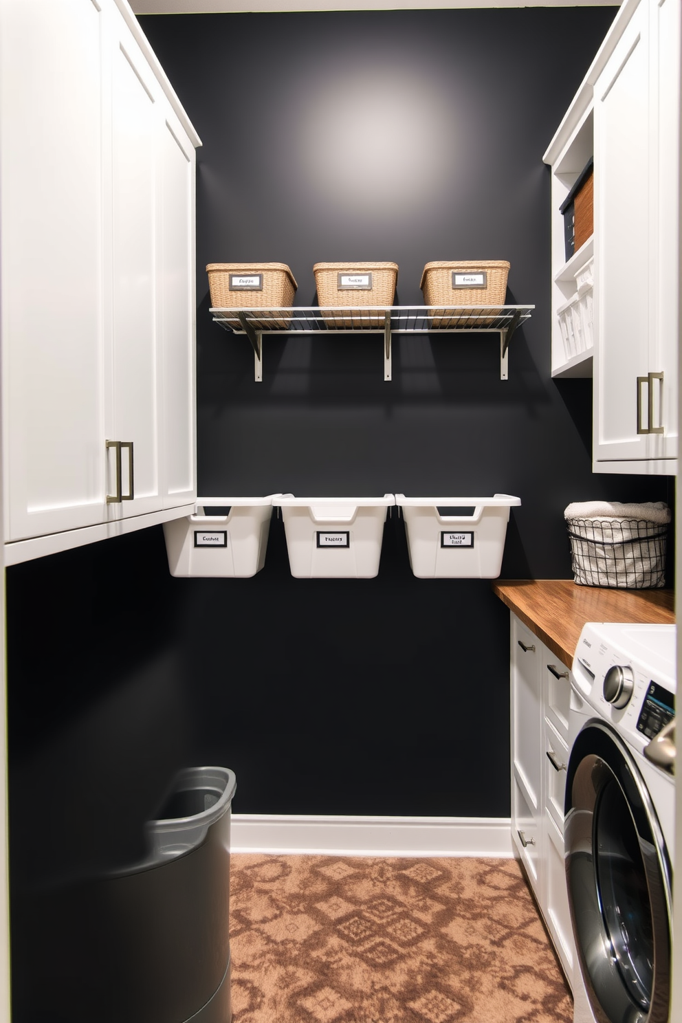 A sleek laundry room featuring smart organization solutions with labeled bins for easy access. The walls are painted in a deep black hue, complemented by modern shelving units that neatly display the bins.