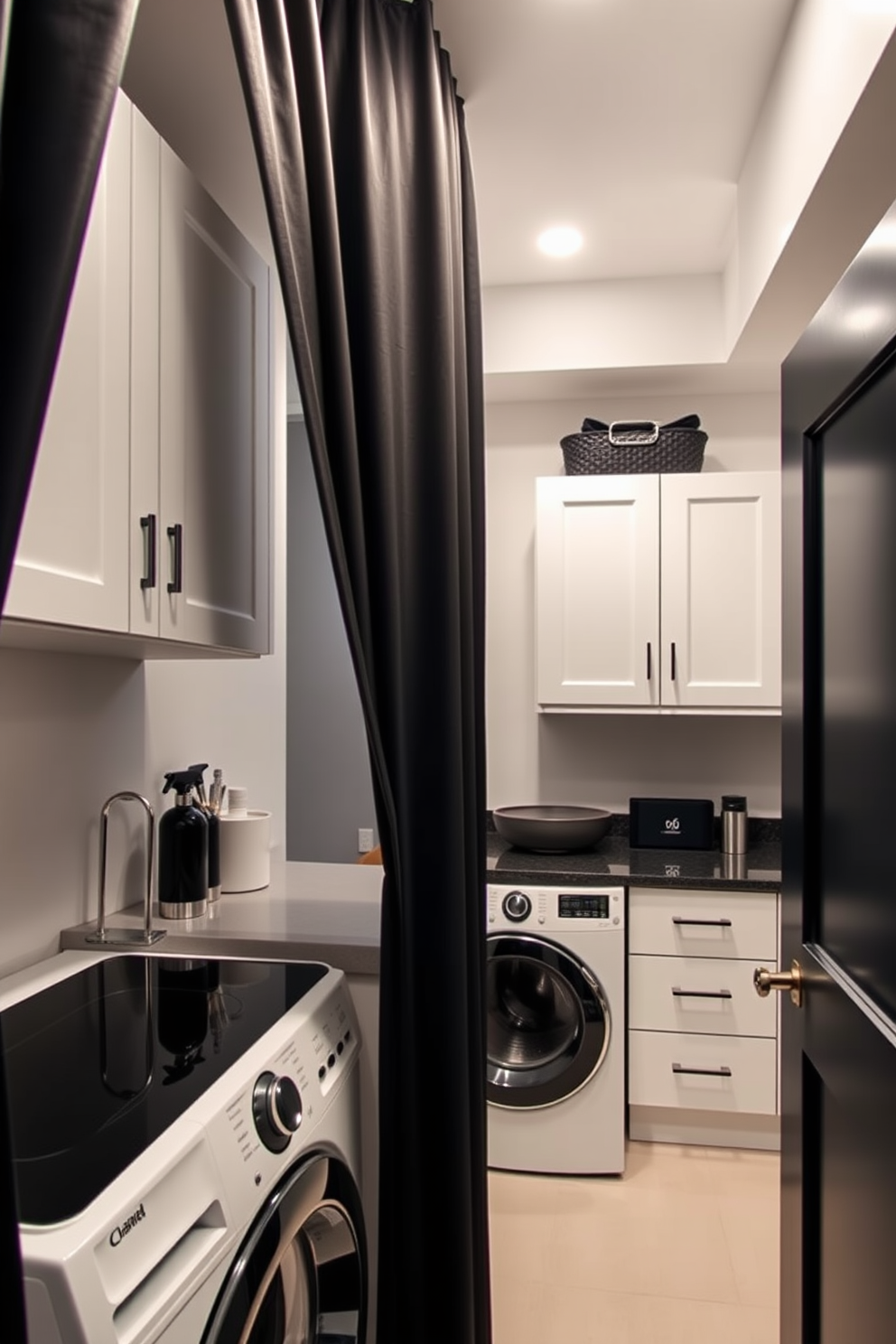 A sleek laundry room with bold black curtains that provide both privacy and an elegant touch. The space features modern appliances and stylish storage solutions, complemented by a chic black and white color scheme.