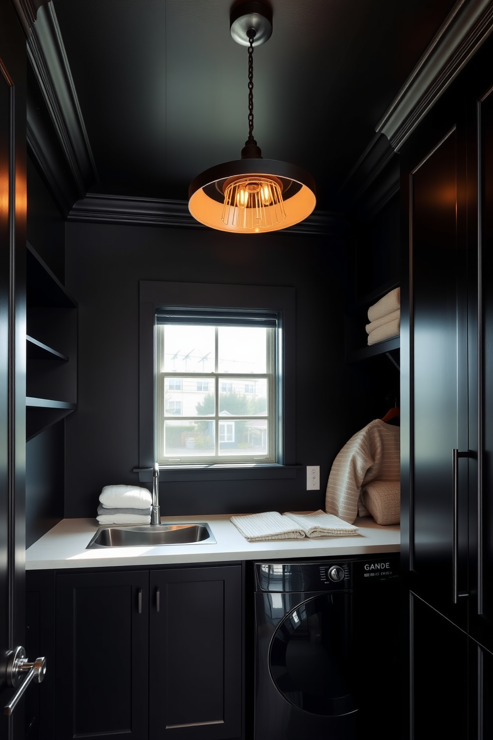 A striking black laundry room features unique light fixtures that serve as a statement piece. The walls are painted in a deep matte black, while the cabinetry is sleek and modern, providing ample storage space. The ceiling is adorned with an eye-catching pendant light that adds a touch of elegance. Complementing the design, a stylish, functional countertop allows for easy folding and organization of laundry.