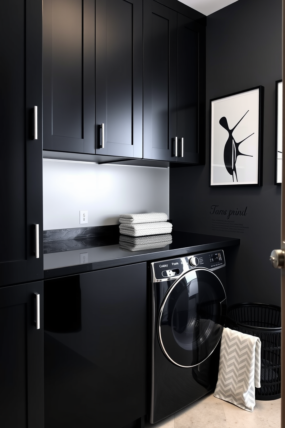 A sleek laundry room featuring a mix of matte and glossy black finishes. The cabinetry is matte black with sleek handles, while the washer and dryer have a glossy black finish that reflects the ambient light. The countertop is a polished black stone, providing a stunning contrast against the matte cabinetry. A stylish black laundry basket sits in the corner, and the walls are adorned with minimalist black and white artwork.