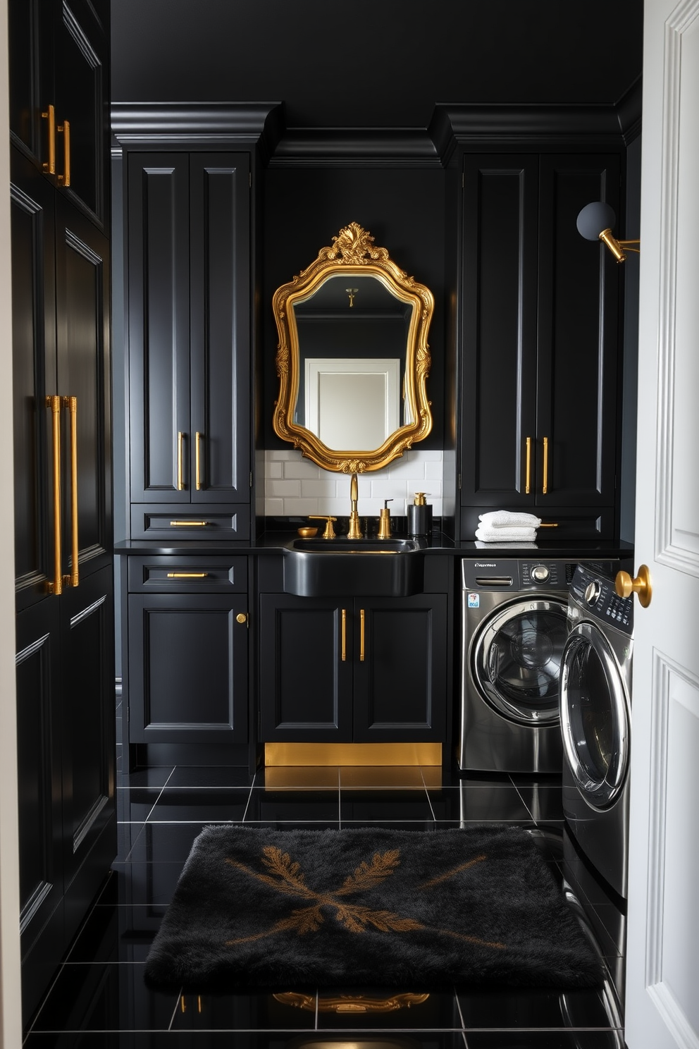 A sleek laundry room featuring a cohesive color scheme dominated by deep navy blue and crisp white. Dark accents such as matte black cabinetry and a black countertop create a modern and sophisticated atmosphere. The walls are painted in a soft gray to balance the darker elements while providing a clean backdrop. Stylish storage solutions, including woven baskets and open shelving, add both functionality and visual interest to the space.