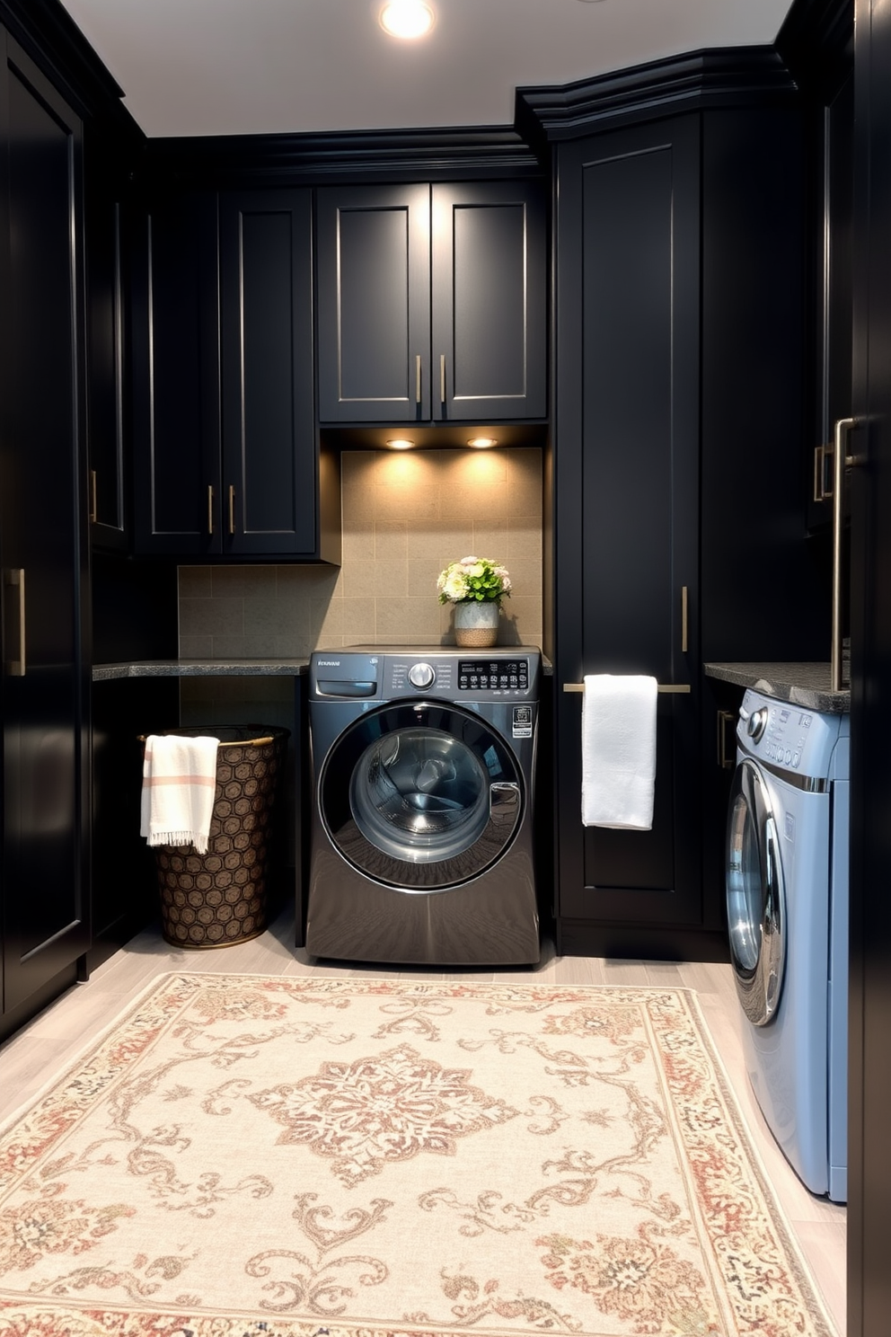 An elegant area rug is placed in the center of the black laundry room, adding warmth and texture to the space. The room features sleek black cabinetry with modern hardware, complemented by stainless steel appliances for a chic and functional look. Soft lighting illuminates the room, highlighting the subtle patterns of the rug and creating a cozy atmosphere. A stylish laundry basket sits in one corner, enhancing the overall design while maintaining practicality.